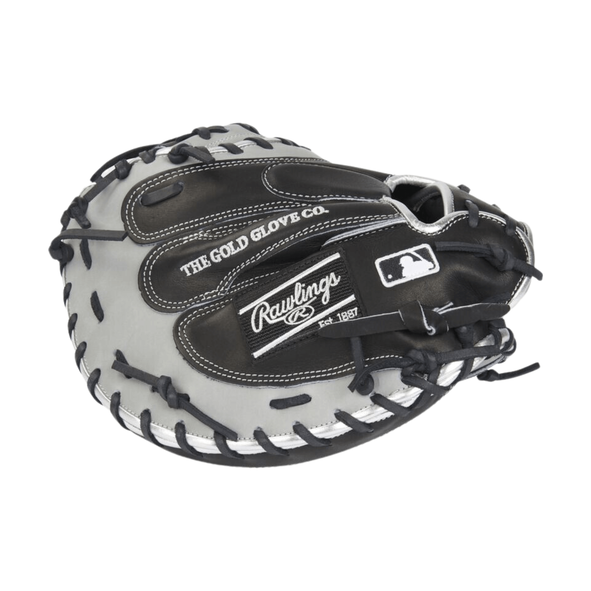Rawlings ColorSync 7.0 34" catcher's mitt featuring a black-and-gray colorway and Heart of the Hide leather.