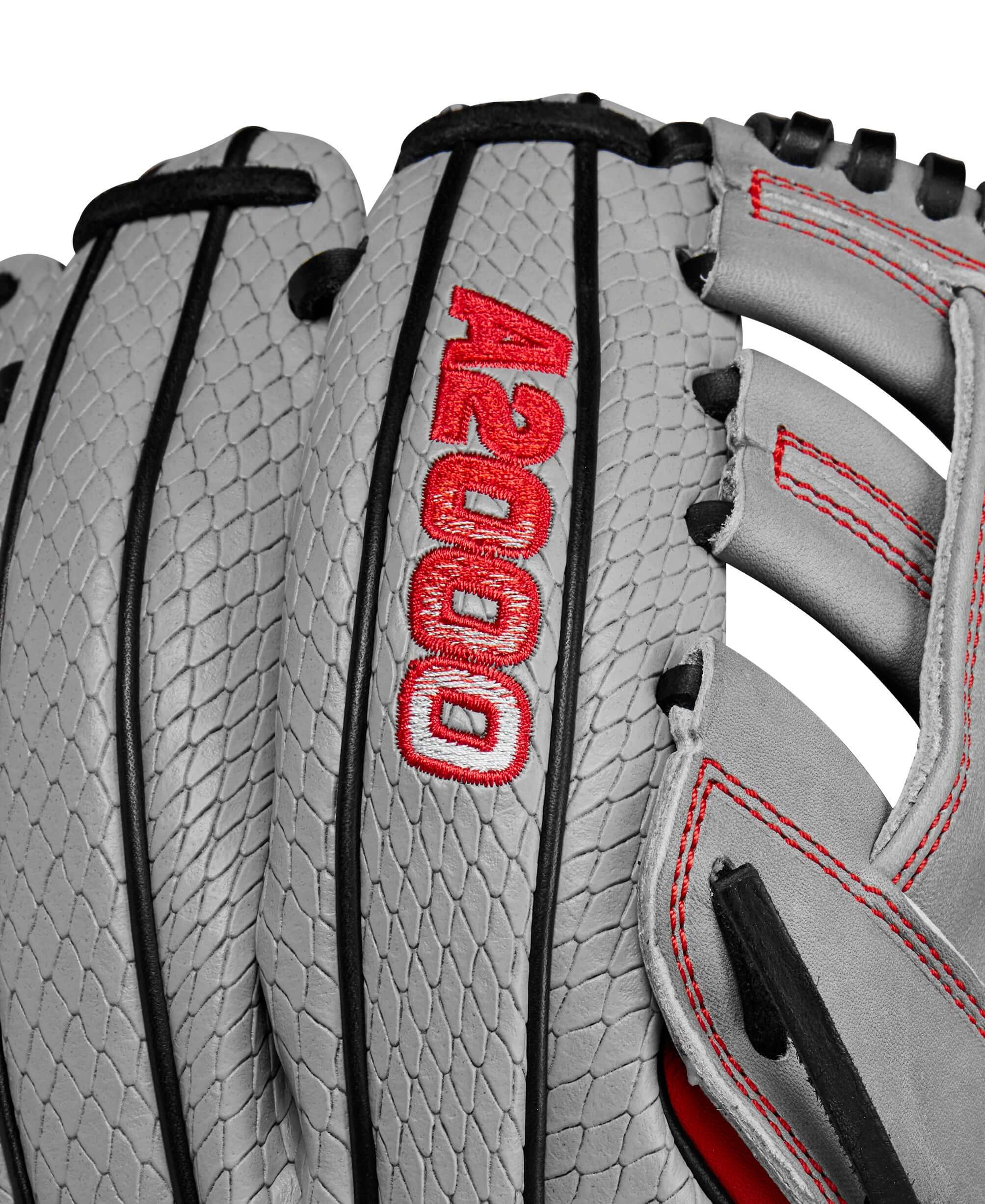 Close-up of the Wilson 2024 A2000 Tim Anderson glove featuring grey SuperSnakeSkin and red A2000 logo embroidery.