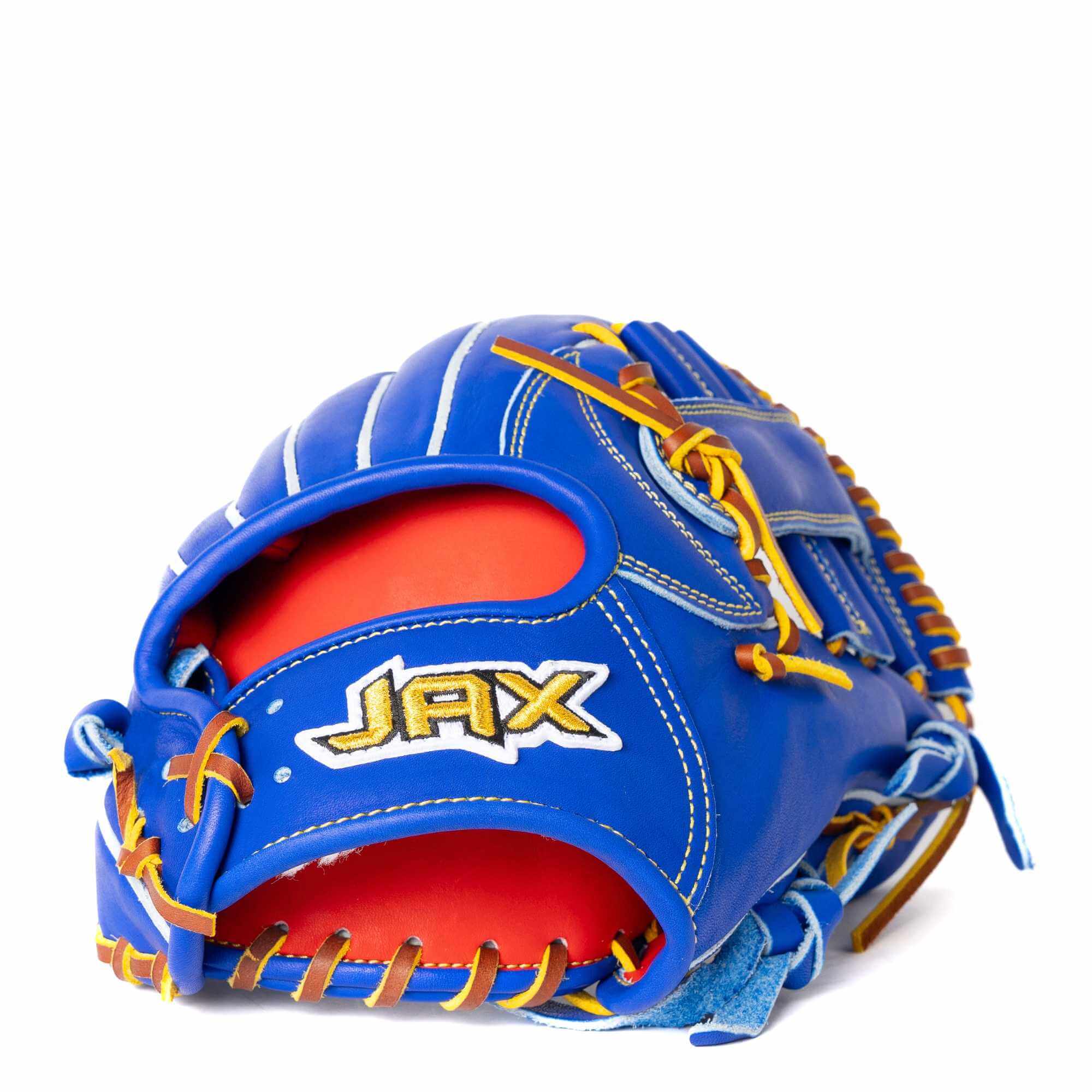 Back view focusing on wrist and logo of Jax EN-7 Fielding Glove Blue Single Post 11.5-inch