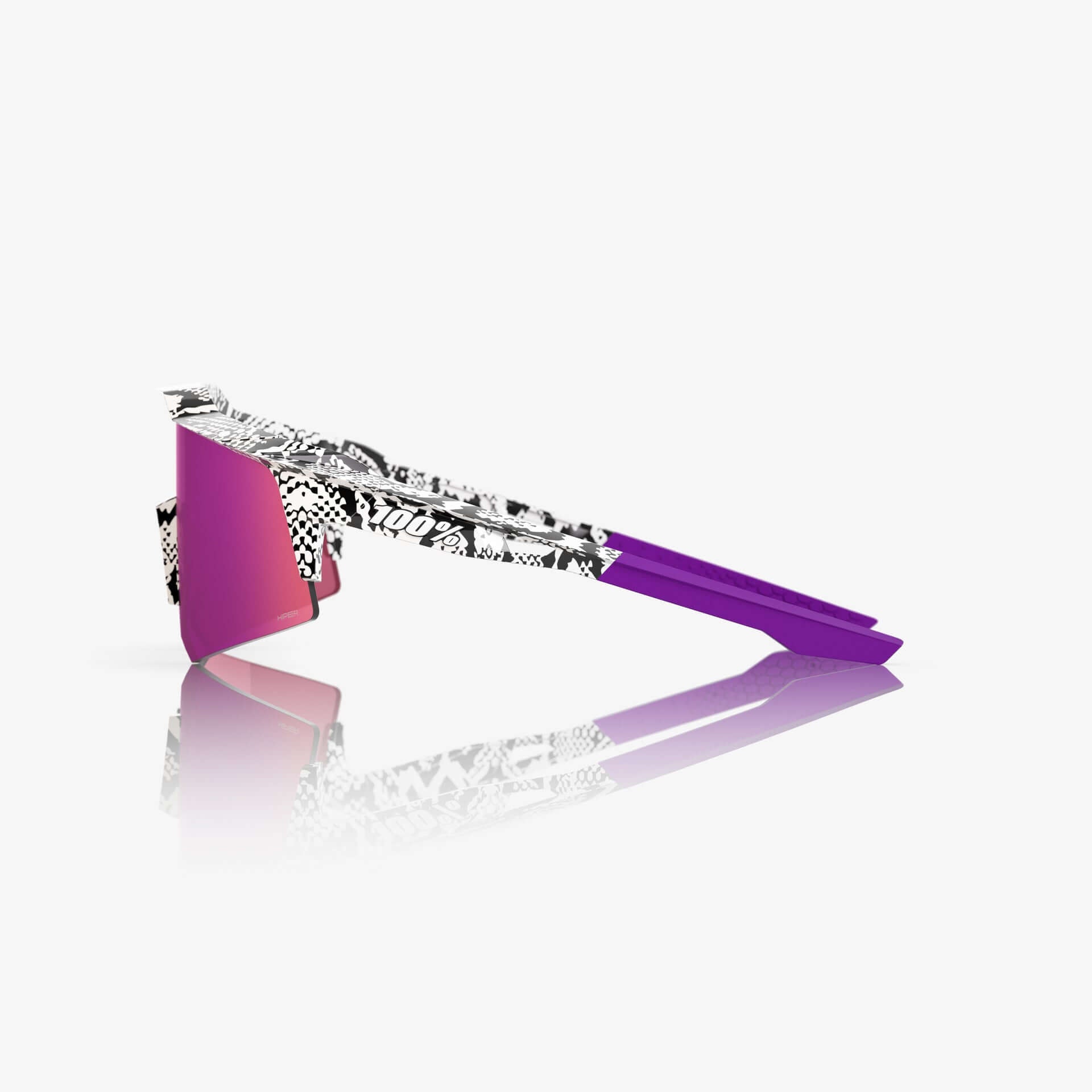 Side view of 100% Speedcraft XS LE Elly 3 Gloss White - HiPER Dark Purple Mirror Lens sunglasses, purple temples