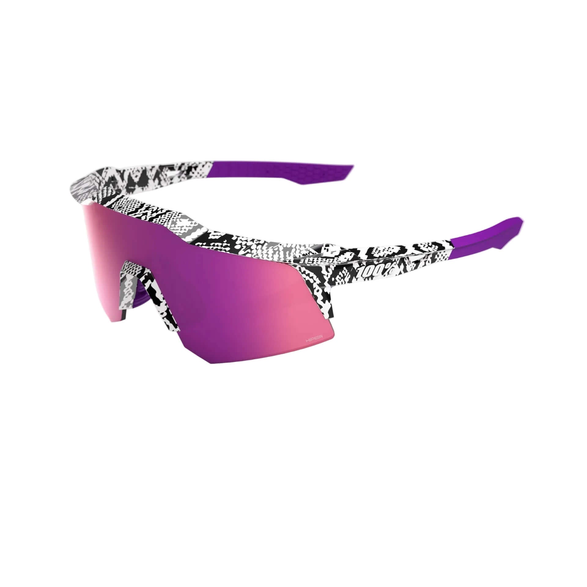 Side view of 100% Speedcraft XS LE Elly 3 Gloss White - HiPER Dark Purple Mirror Lens sunglasses with patterned frame.