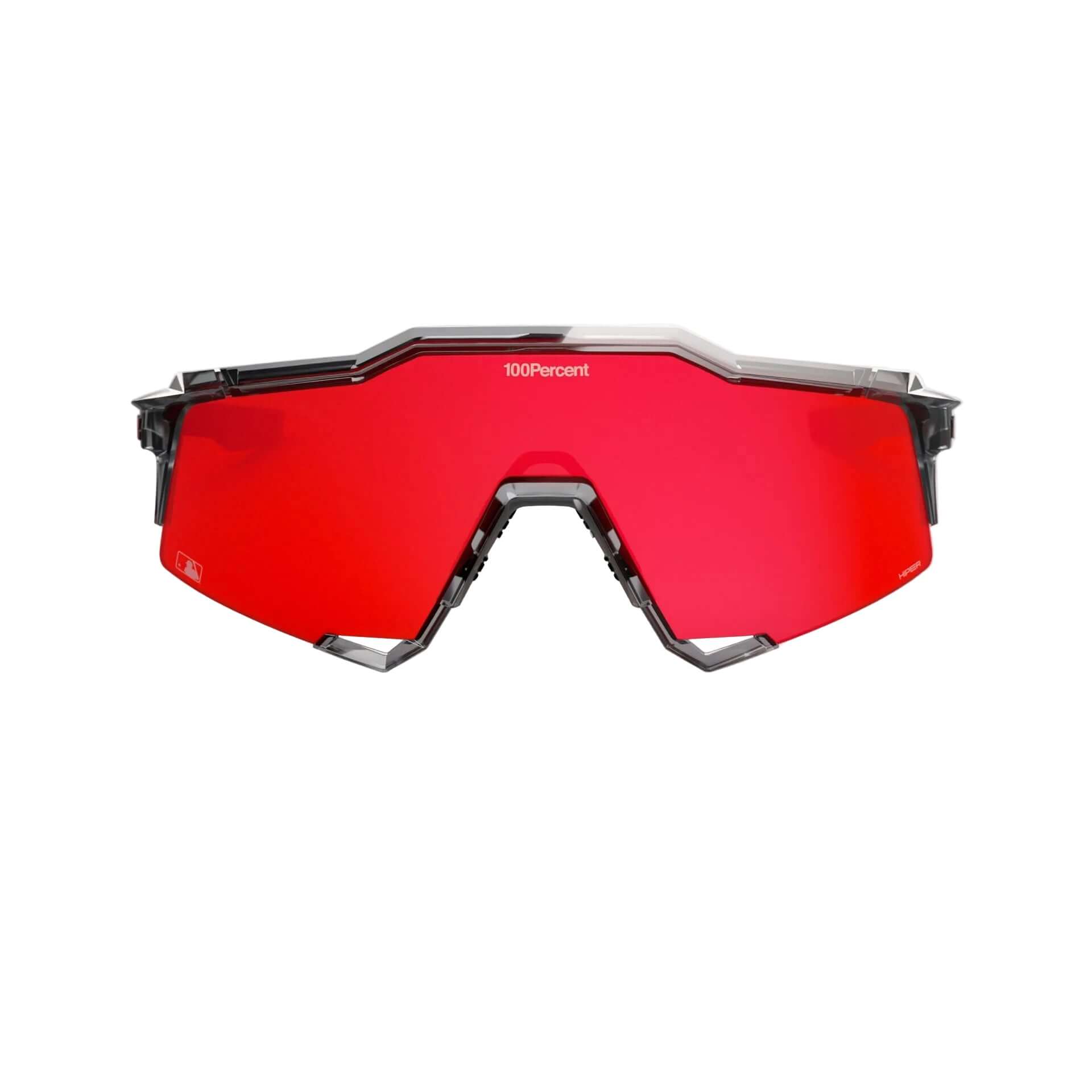 Front view of 100% Speedcraft MLB Polished Translucent Grey sunglasses with HiPER Fire Red Mirror Lens.