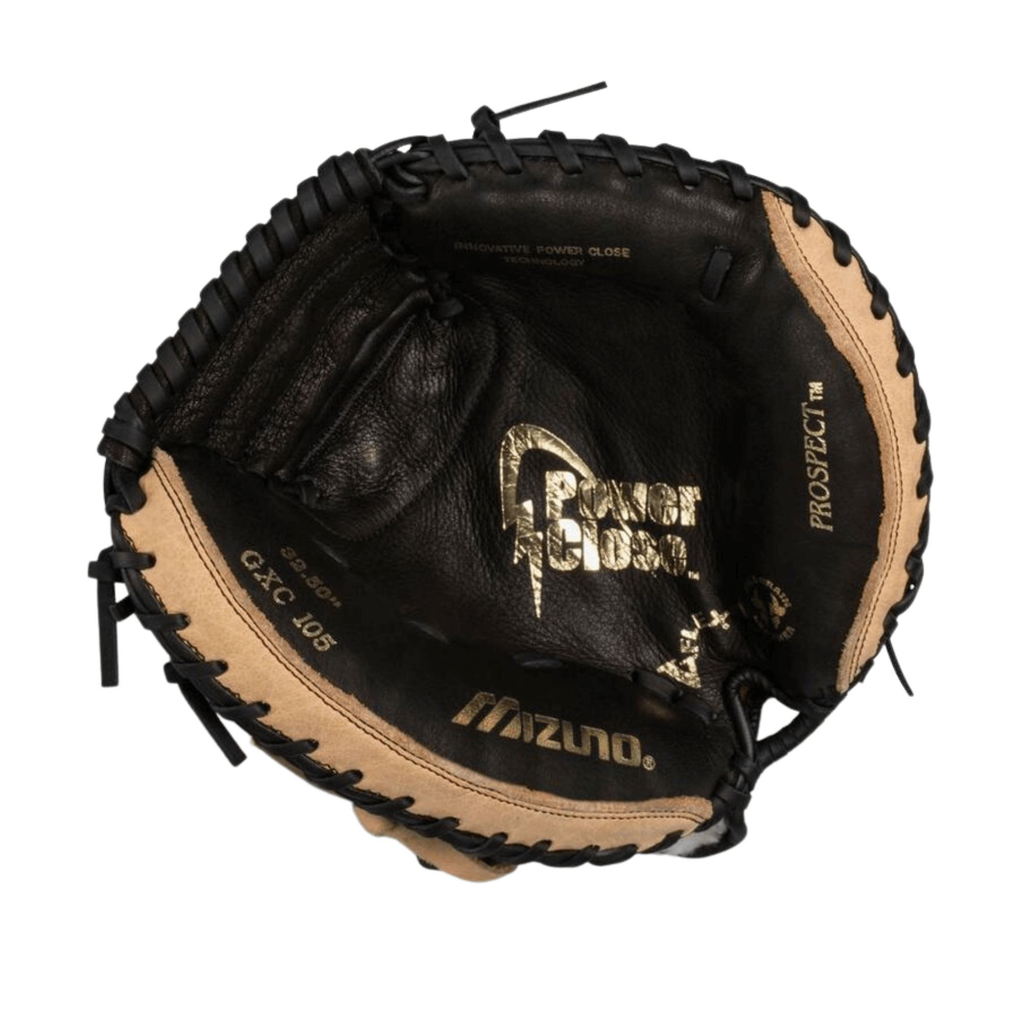 Mizuno GXC105 Prospect CM RH Black-Tan baseball glove with full grain pigskin leather for durability and softness.