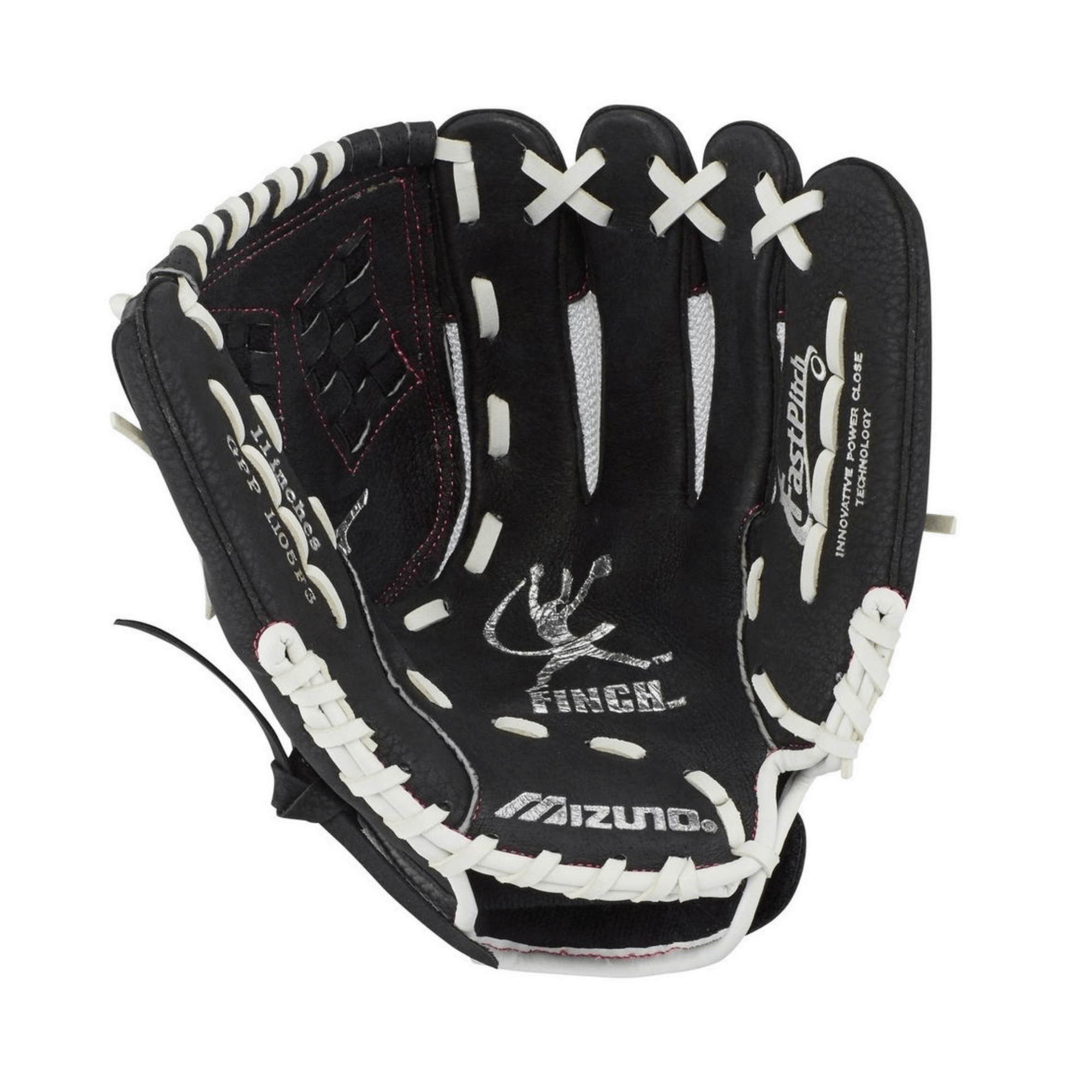 Mizuno GPP1105F3 Prospect Finch 11 RH glove in white and black, designed with Jennie Finch for young softball players