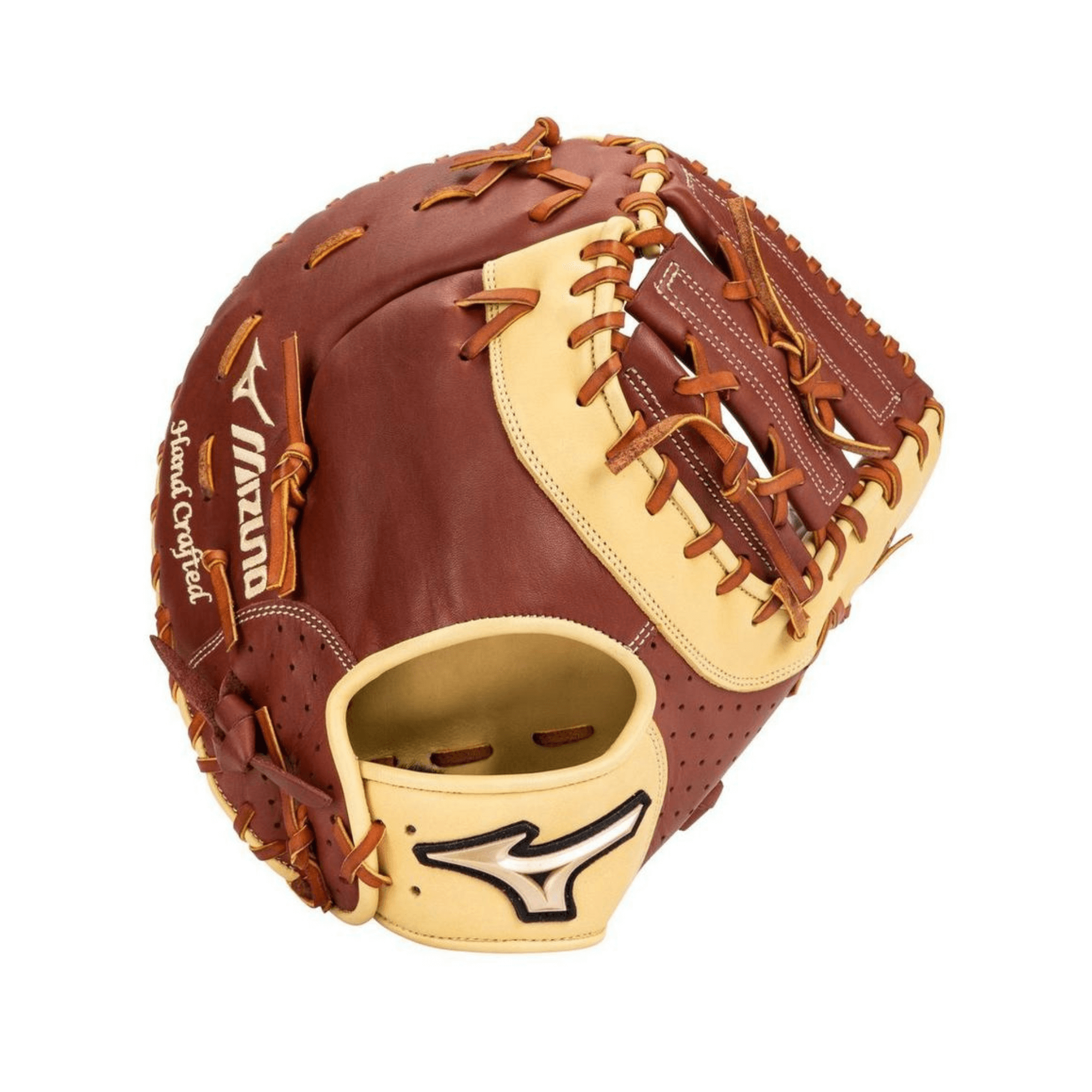 Mizuno Prime Elite First Base Mitt GPE-300FBM in mahogany-tan, featuring perforated panels for breathability and pro-level feel.