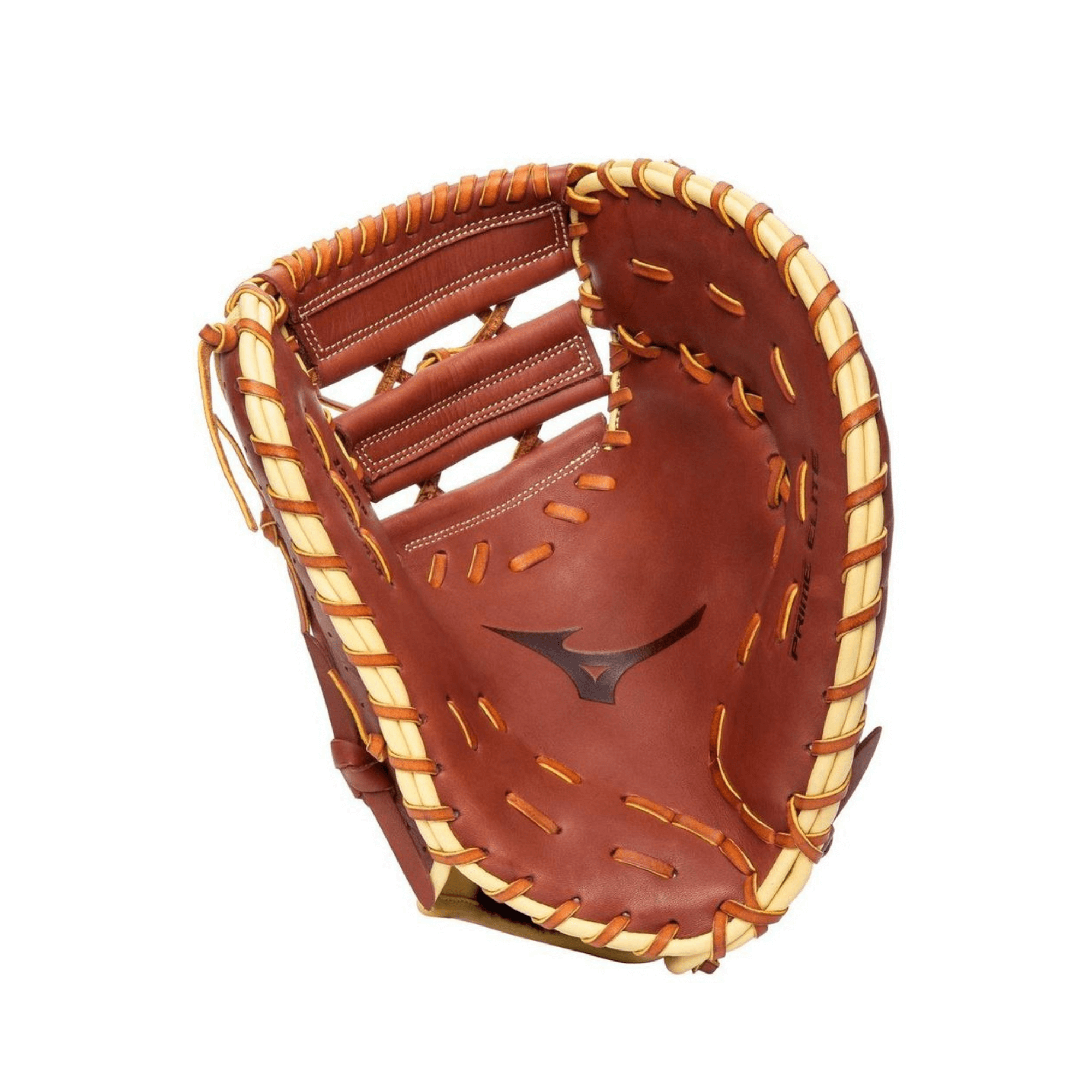 Mizuno Prime Elite First Base Mitt GPE-300FBM 12.5" in mahogany-tan with perforated design for breathability and pro-level feel.
