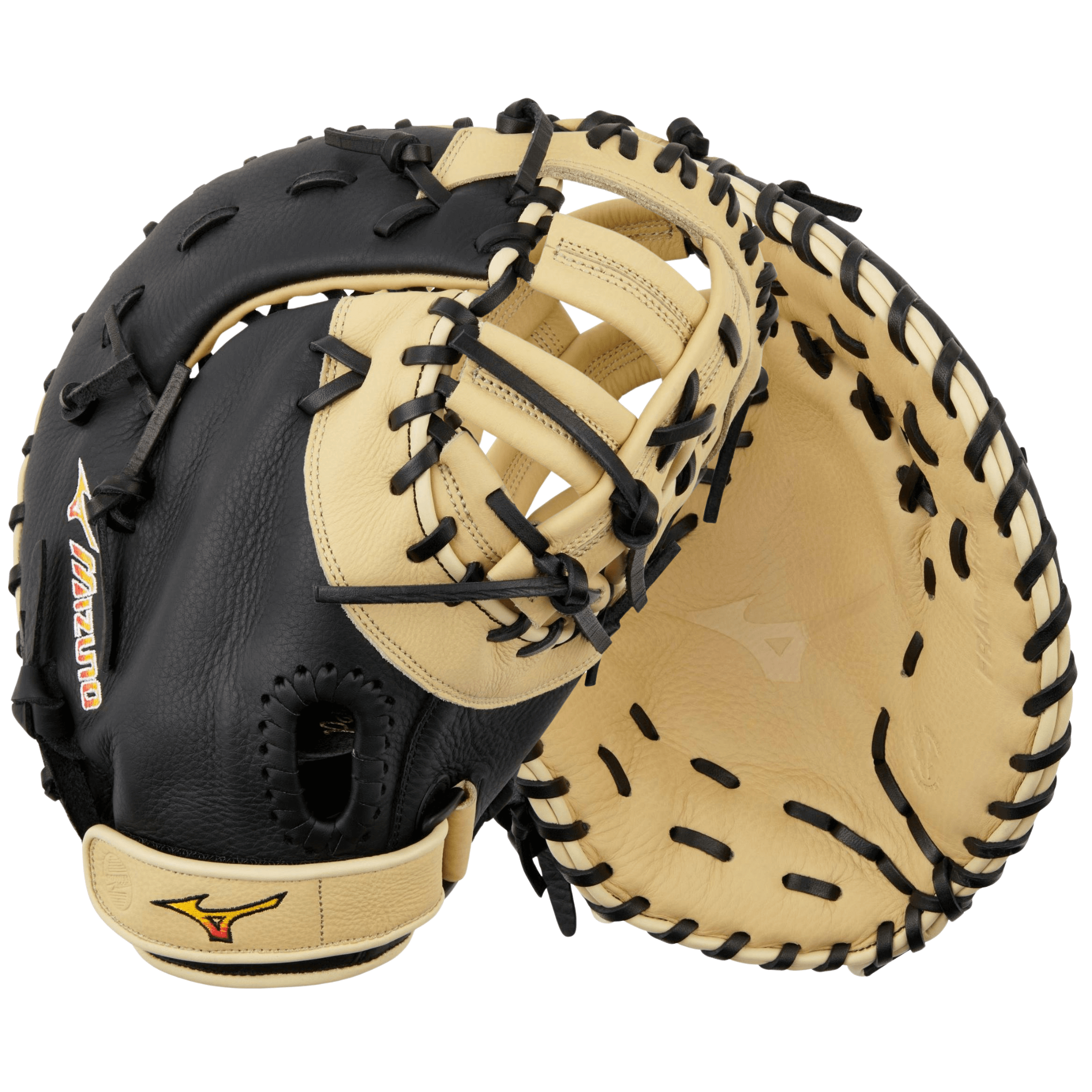 Mizuno GXF90B5 Franchise 12.5" First Base Mitt front and back view in black/tan full-grain leather for baseball