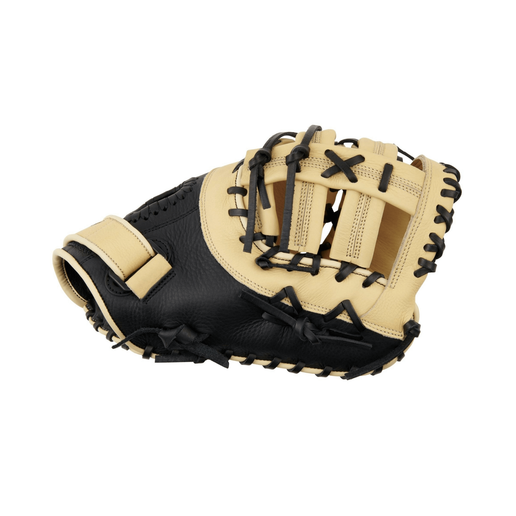 Mizuno GXF90B5 Franchise 12.5" First Base Mitt thumb close-up with embossed Mizuno logo and premium leather texture