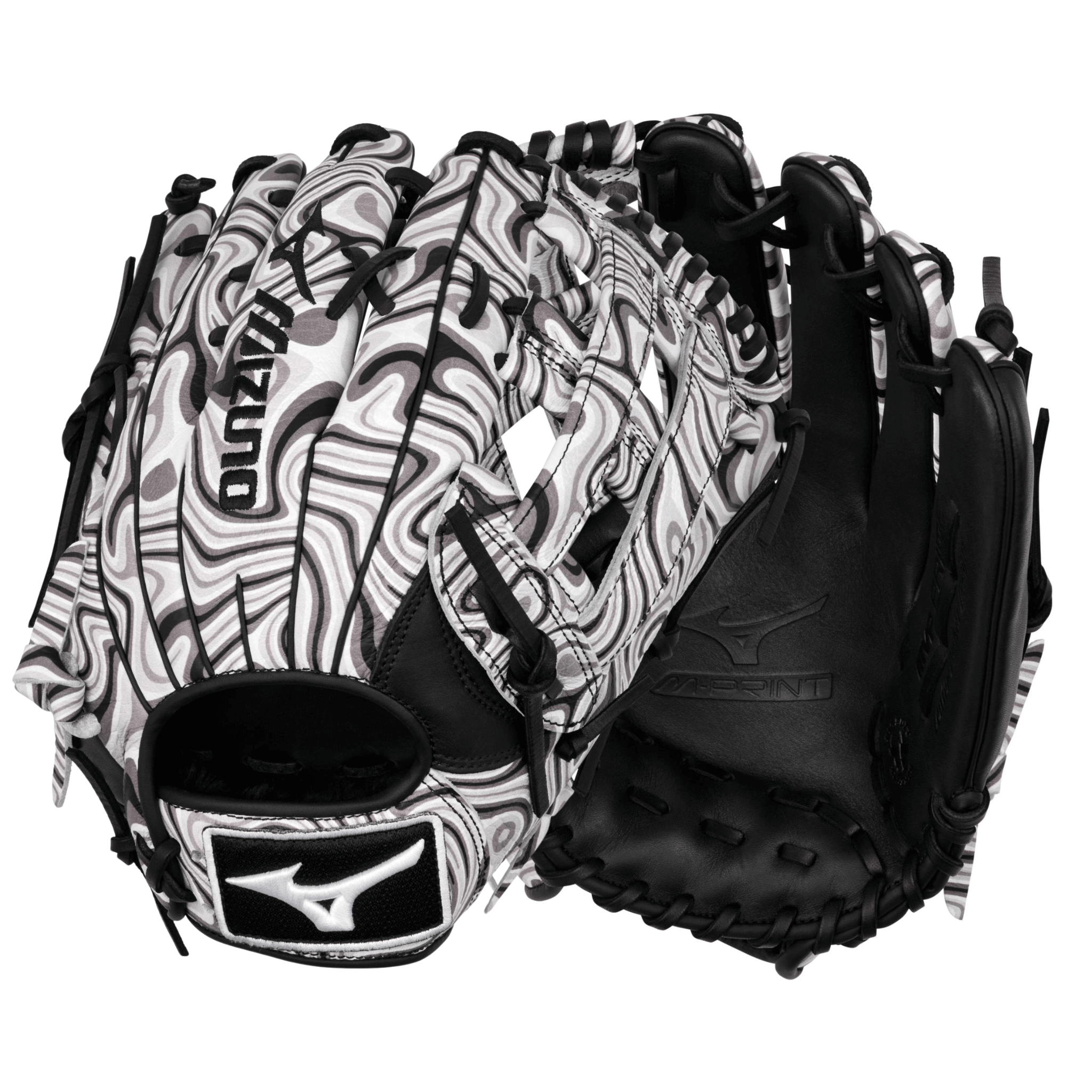 Mizuno GMVP-70MP MVP Prime 12.75" Oil Slick outfield glove front and back view with M-Print full-grain leather design