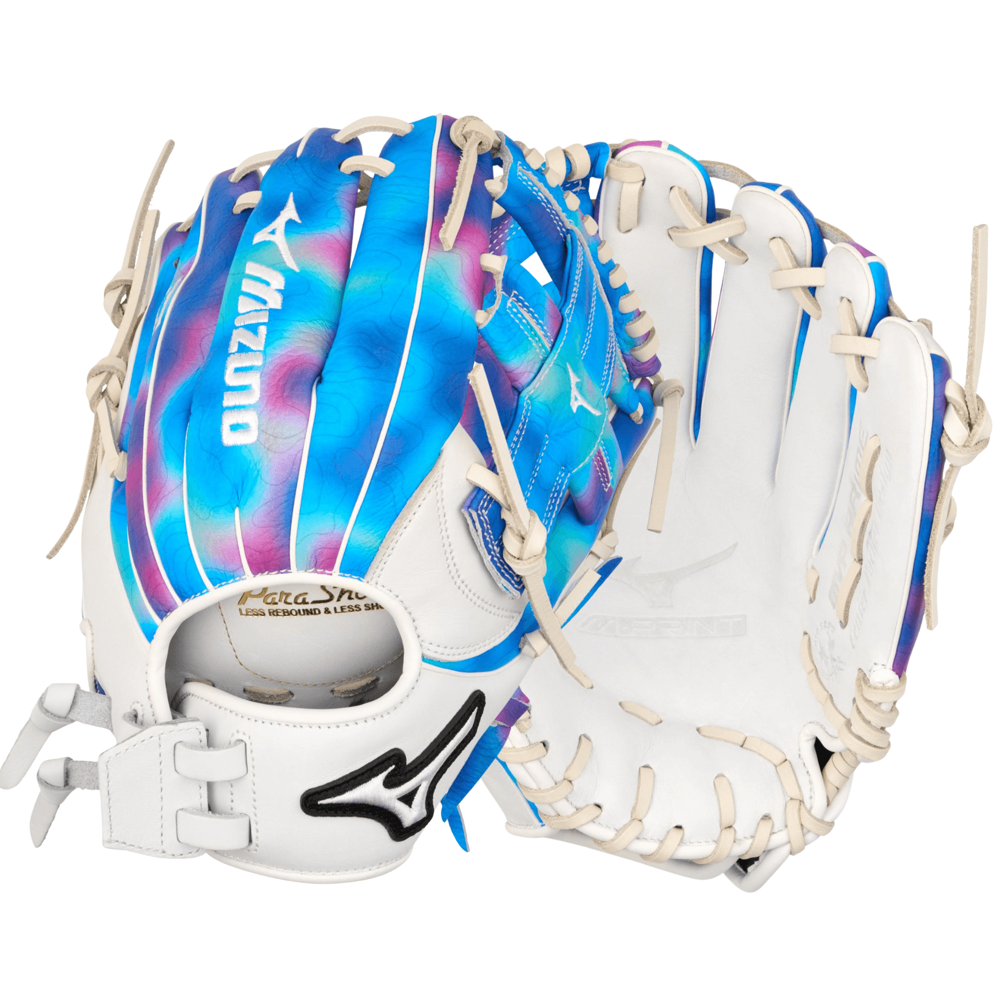 Mizuno GMVPF-50MP MVP Prime 11.75" Psychedelic infield softball glove front and back view with M-Print full-grain leather design