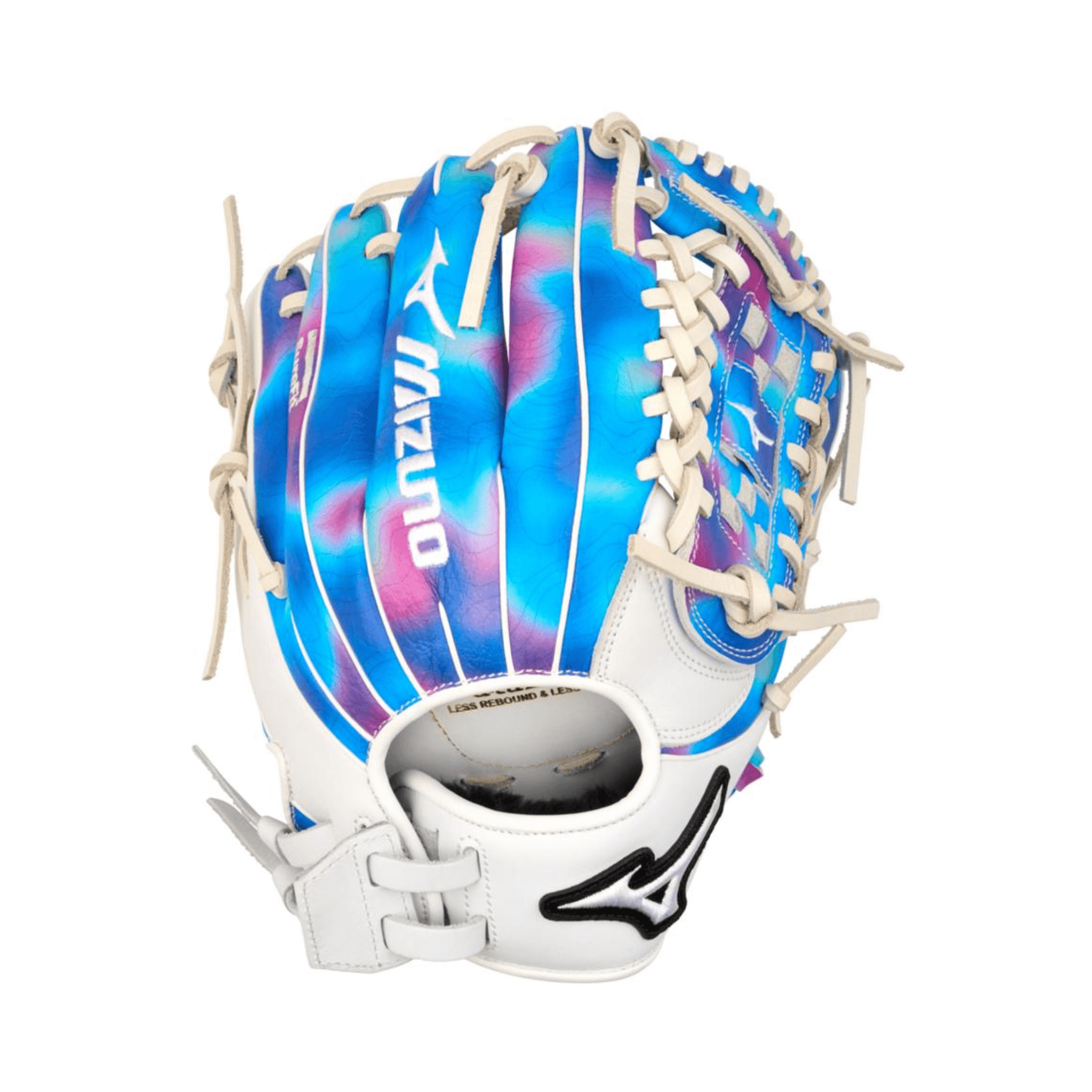 Mizuno GMVPF-10MP MVP Prime 12" Psychedelic softball glove back view showing embroidered logo and professional-grade lacing