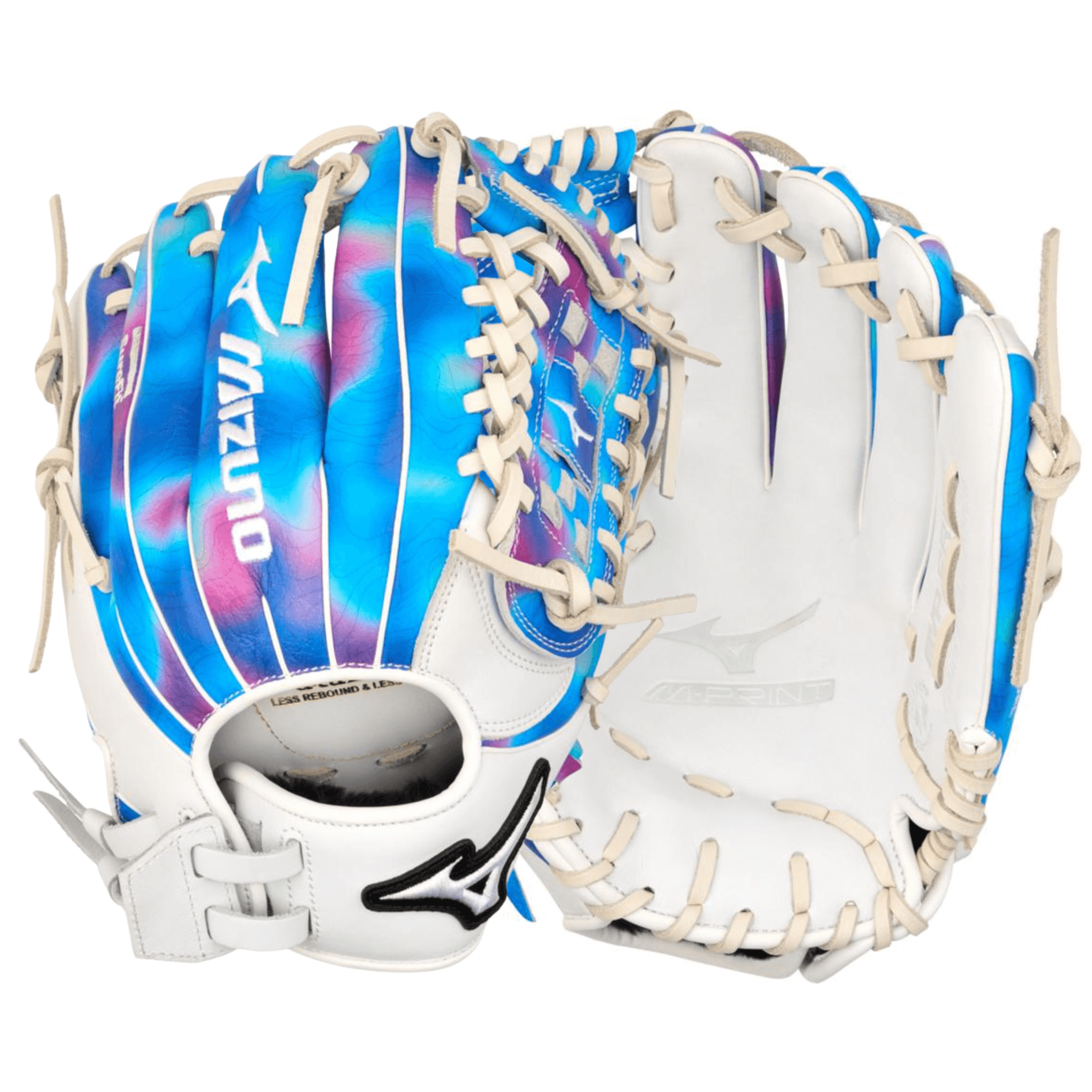 Mizuno GMVPF-10MP MVP Prime 12" Psychedelic infield softball glove front and back view with M-Print full-grain leather design