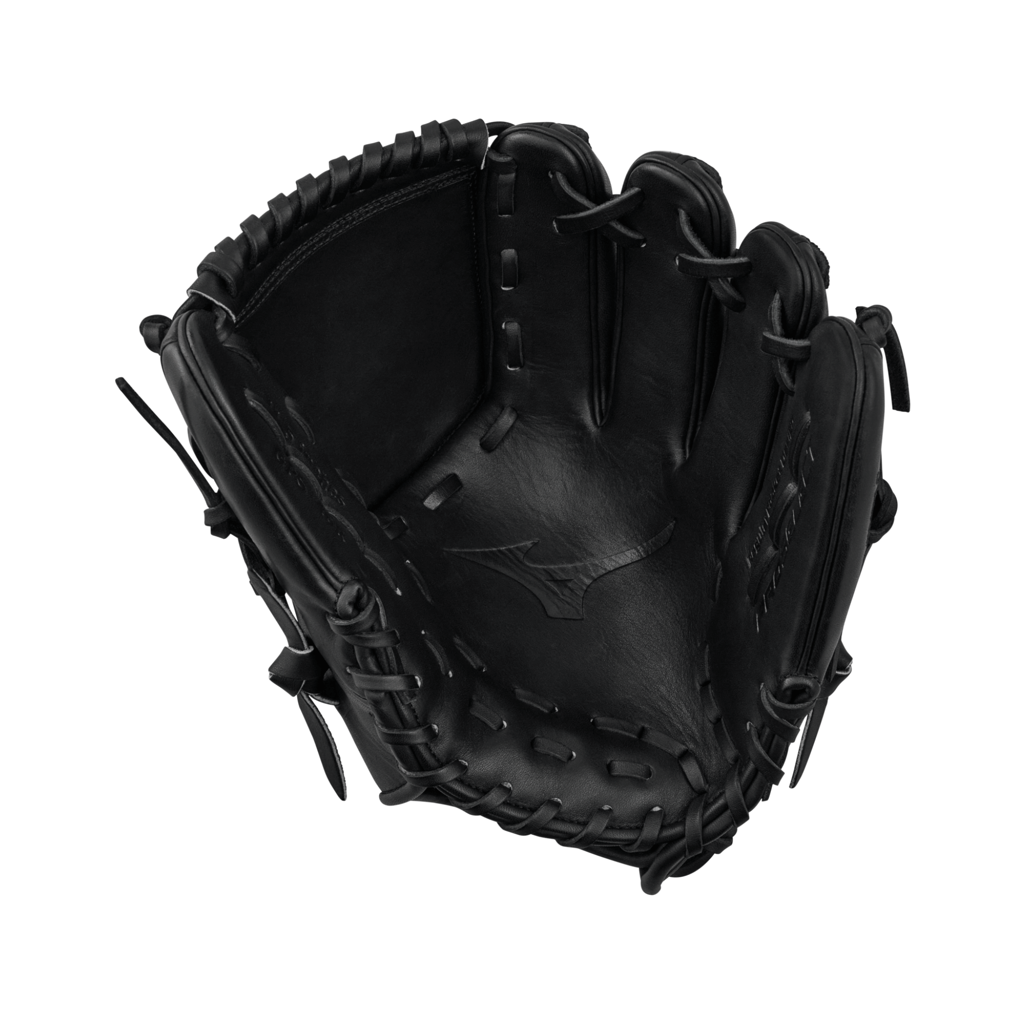 Close-up of the front featuring Tartan Runbird debossed web on Mizuno Pro Select Glove.