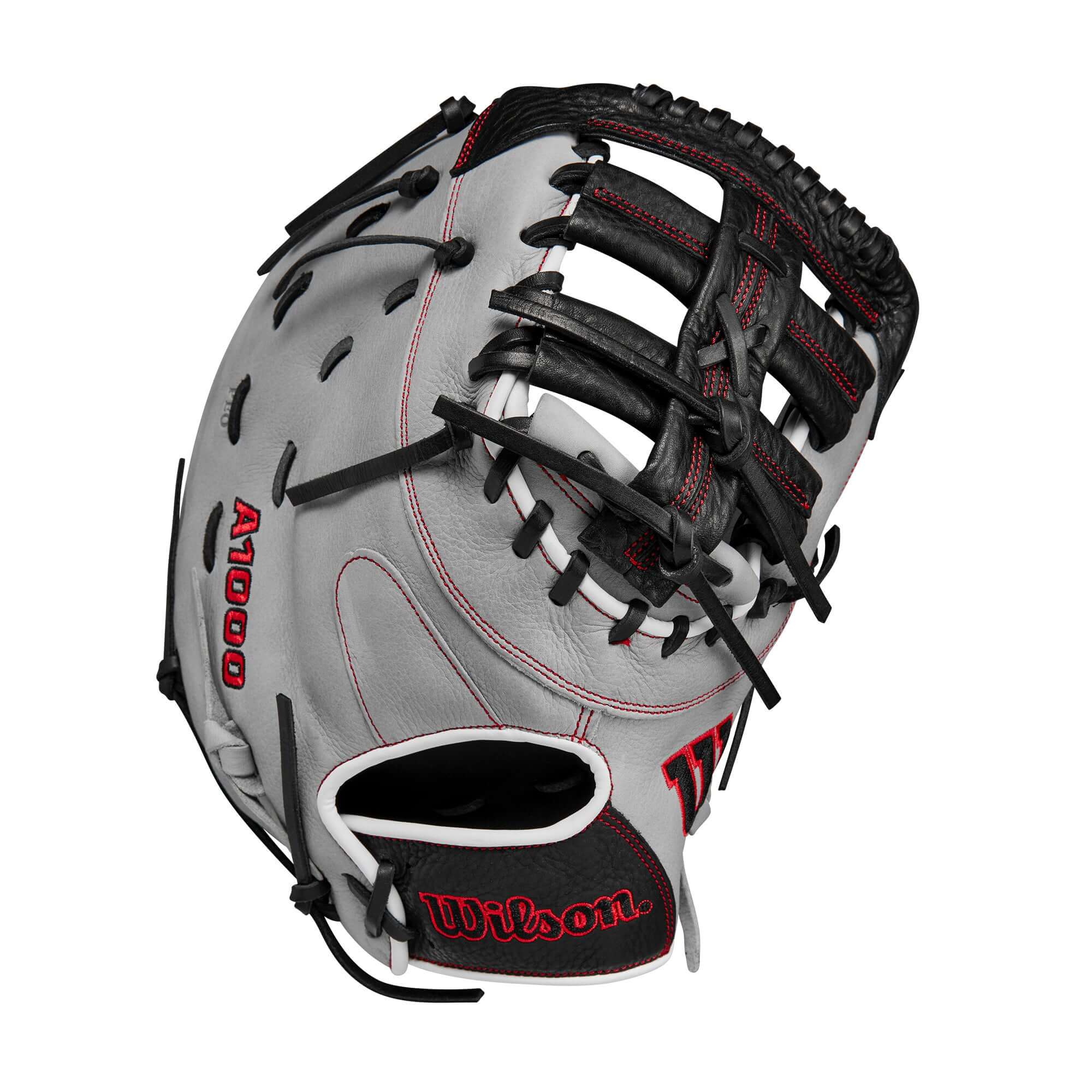 Wilson 2024 A1000 1620 first base mitt in silver, black, and red, showing its unique design and craftsmanship.