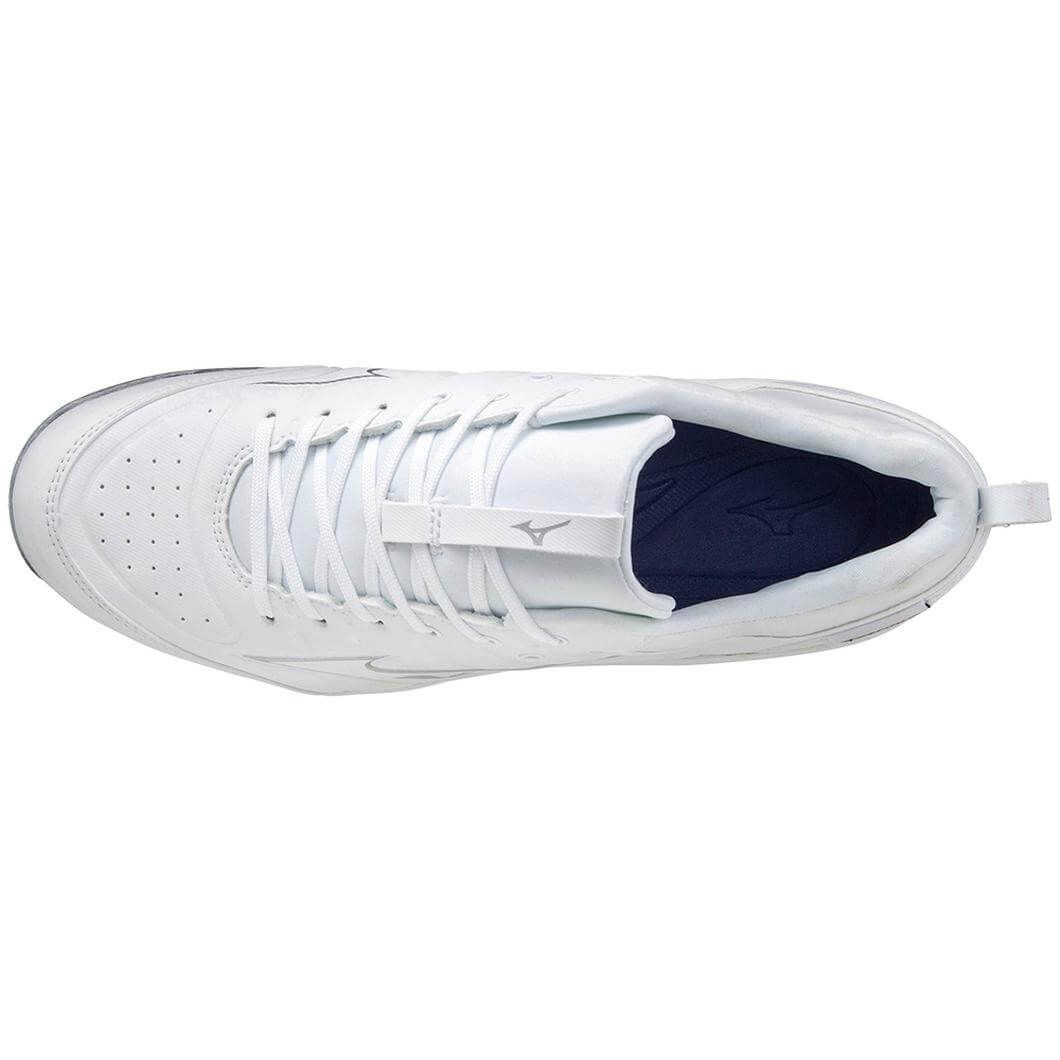Mizuno Ambition 2 Low Men's Turf Shoe in white, showcasing the top view with detailed lacing and design features.
