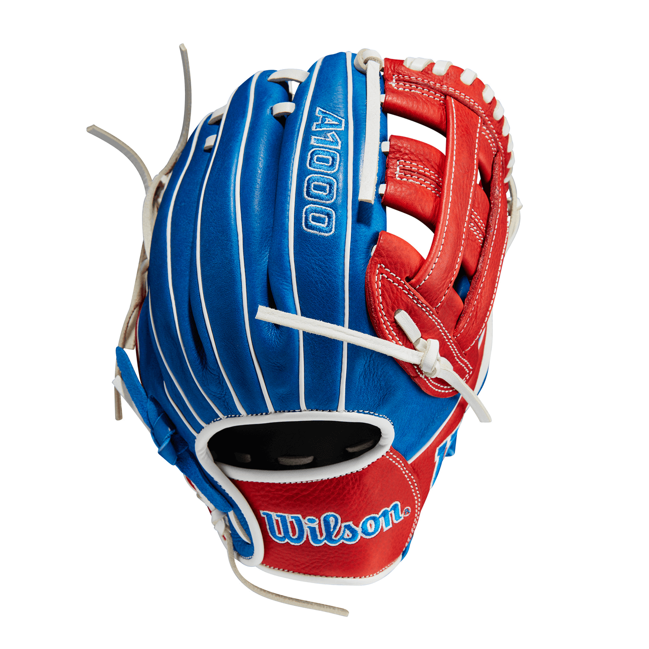 Wilson A1000 PF11 baseball glove in royal blue, red, and white, ideal for infield use with a soft, durable design.