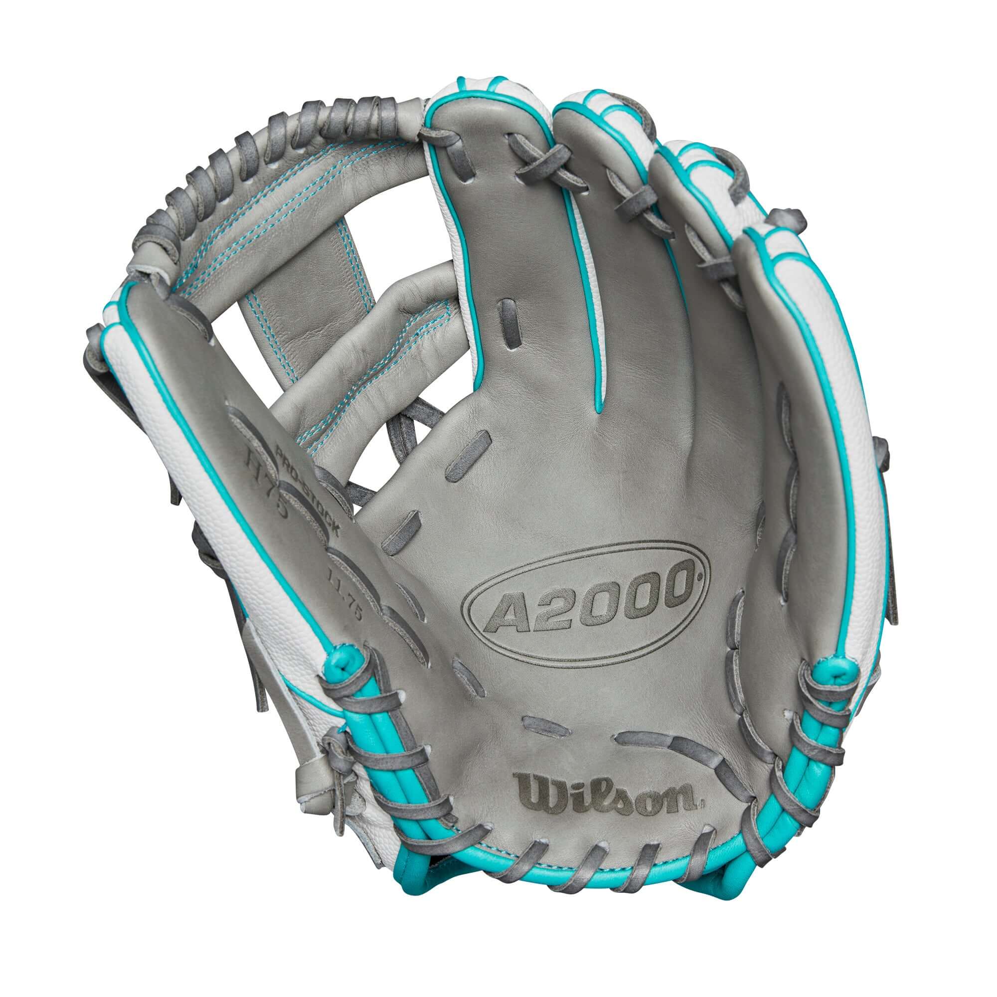 Wilson A2000FP H75 fastpitch glove interior view in black, grey, and teal with shallow pocket design.