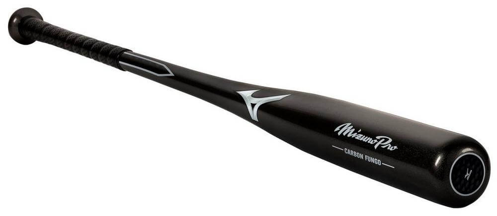 Mizuno Pro Carbon Fungo Bat in Pewter, lightweight design for infield/outfield, Micro-Whip grip, one year warranty.