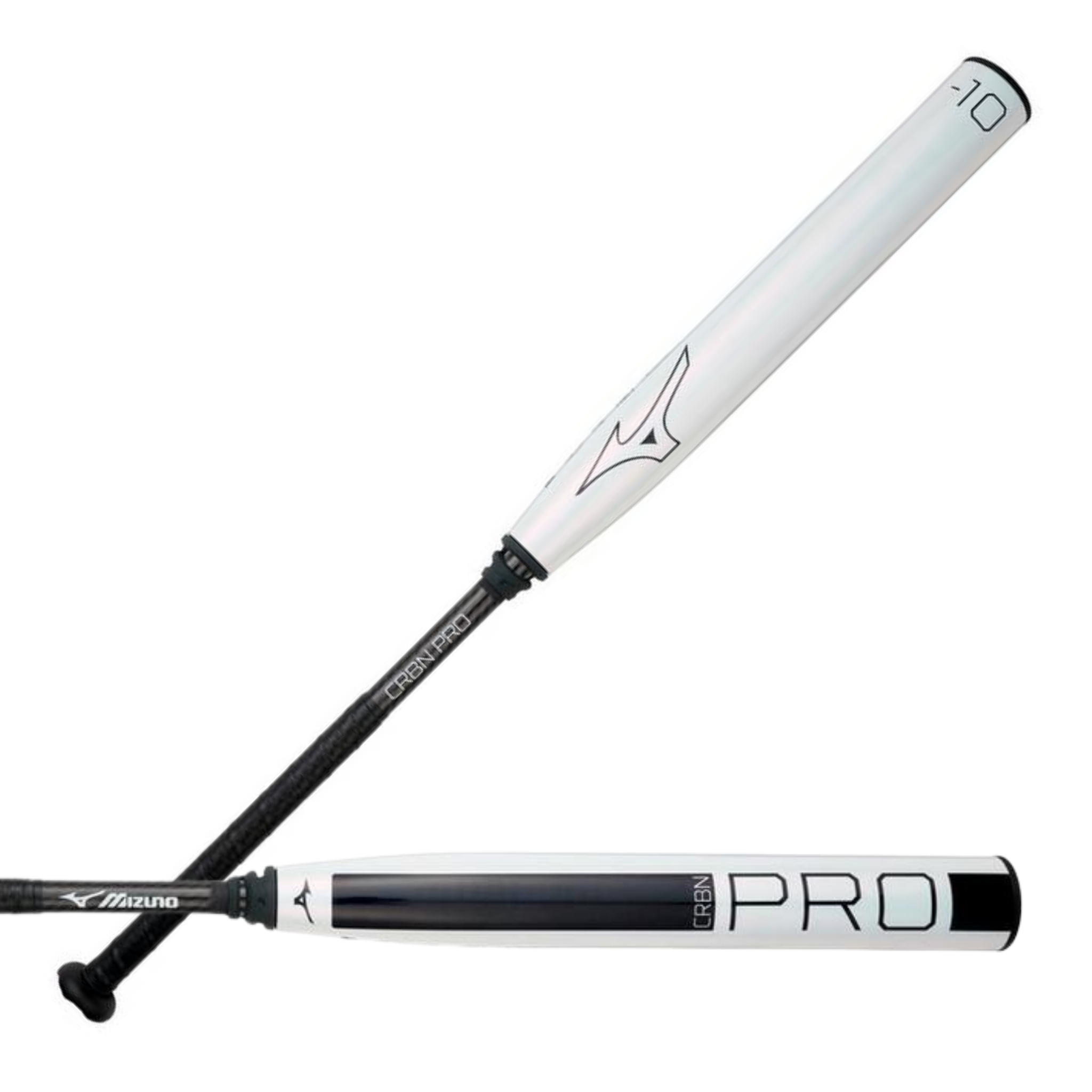 Mizuno CRBN PRO Pearl (-10) fastpitch softball bat front and back view with white pearl finish and performance barrel design