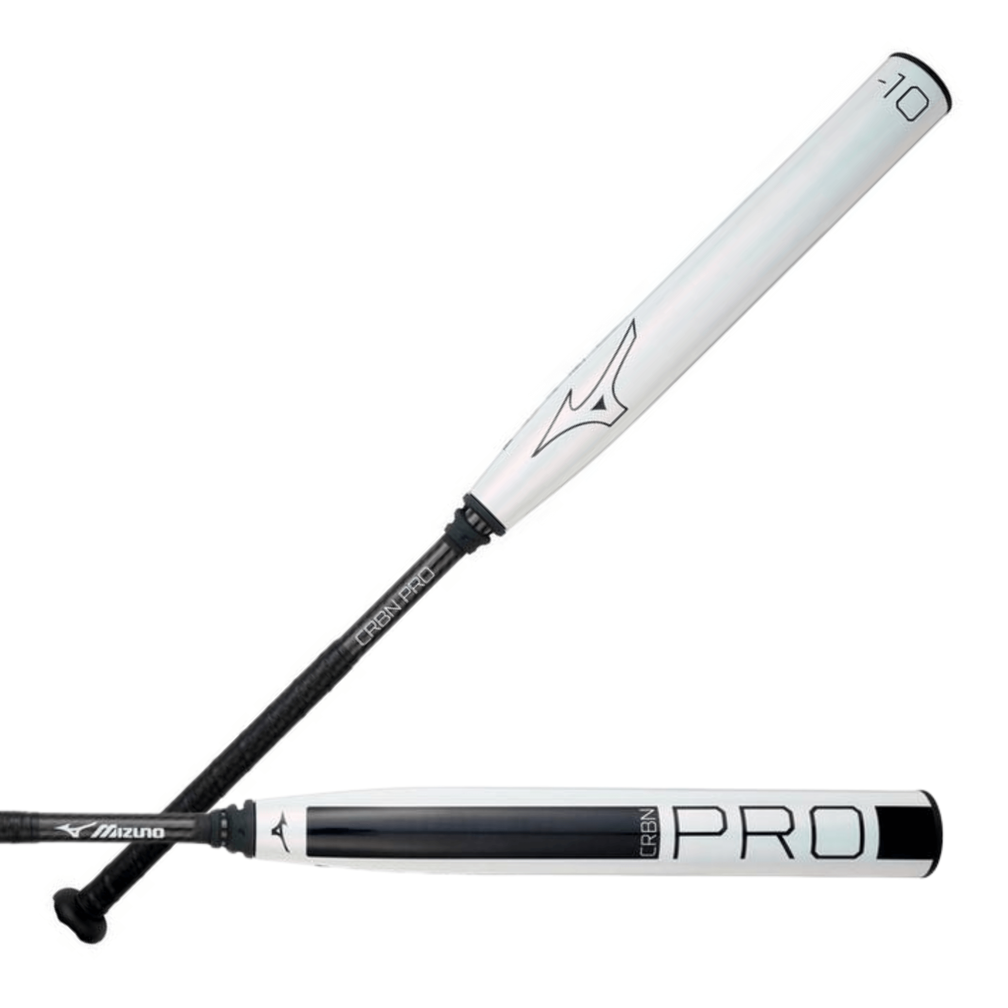 Mizuno CRBN PRO Pearl (-10) fastpitch softball bat front and back view with white pearl finish and performance barrel design