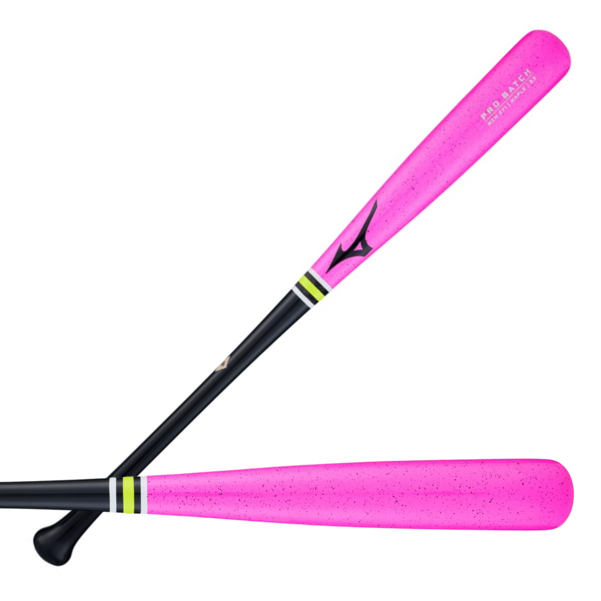 Mizuno Pro MZM 271 Pink Glo Maple wood baseball bat front and back view with cupped end and premium matte finish