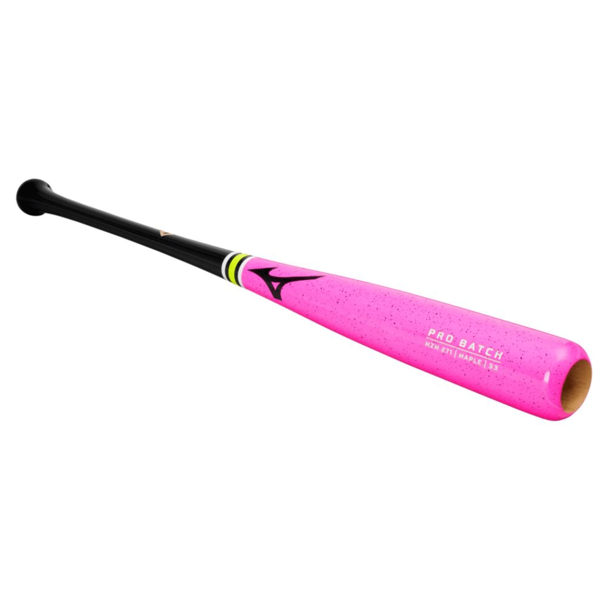 Mizuno Pro MZM 271 Pink Glo Maple wood bat barrel close-up showing compressed surface, Rock Hard Maple grain, and premium matte furniture-grade finish.