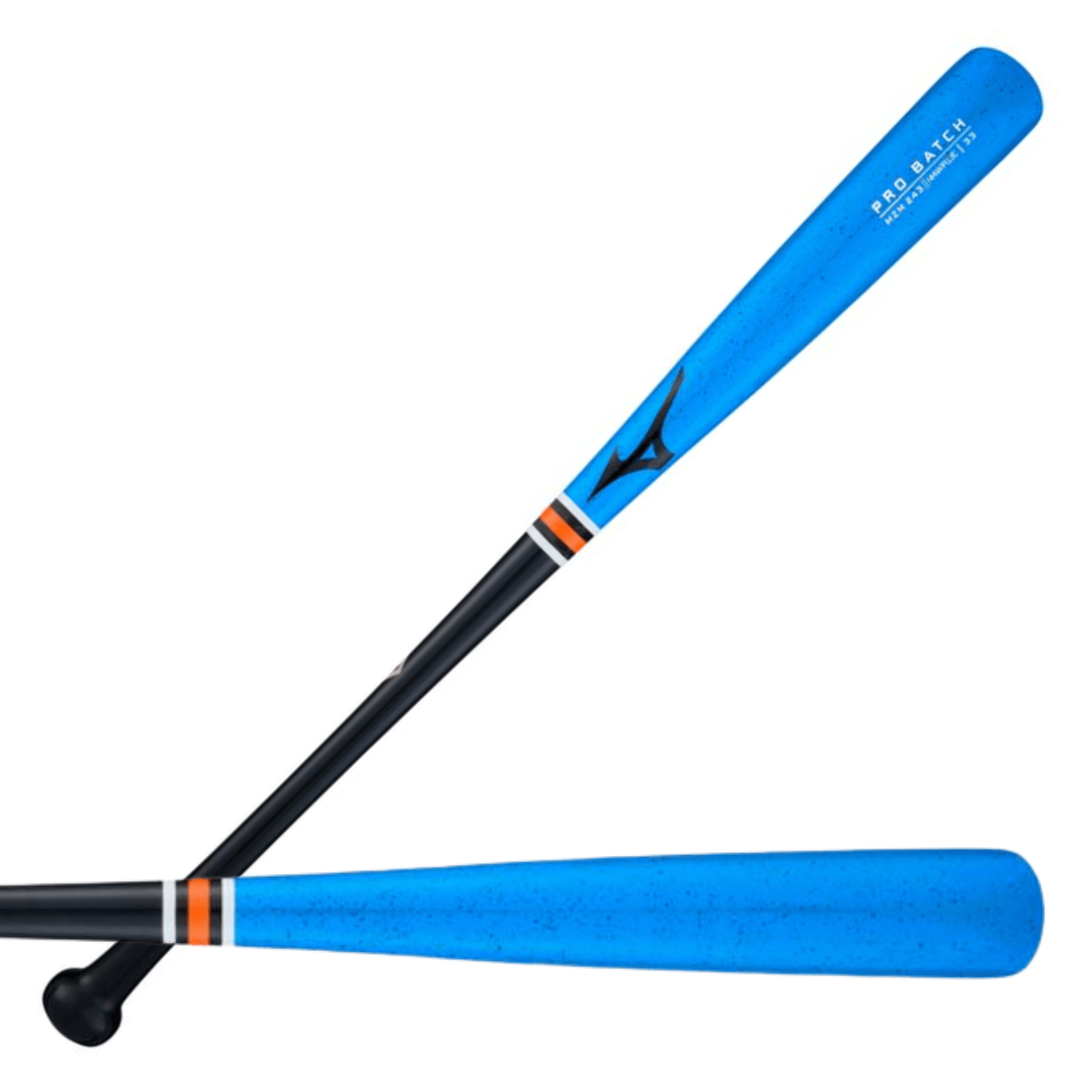 Mizuno Pro MZM 243 Blue Maple wood baseball bat front and back view with high-gloss finish and cupped end design