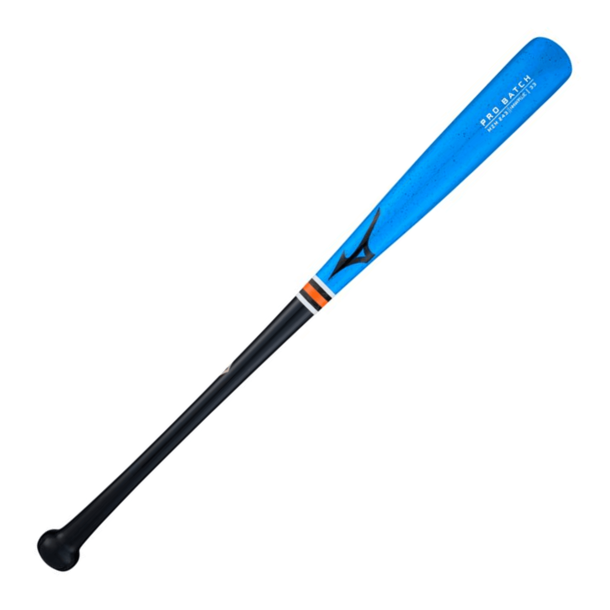 Mizuno Pro MZM 243 Blue Maple wood bat front barrel view showing compressed surface and rich grain pattern