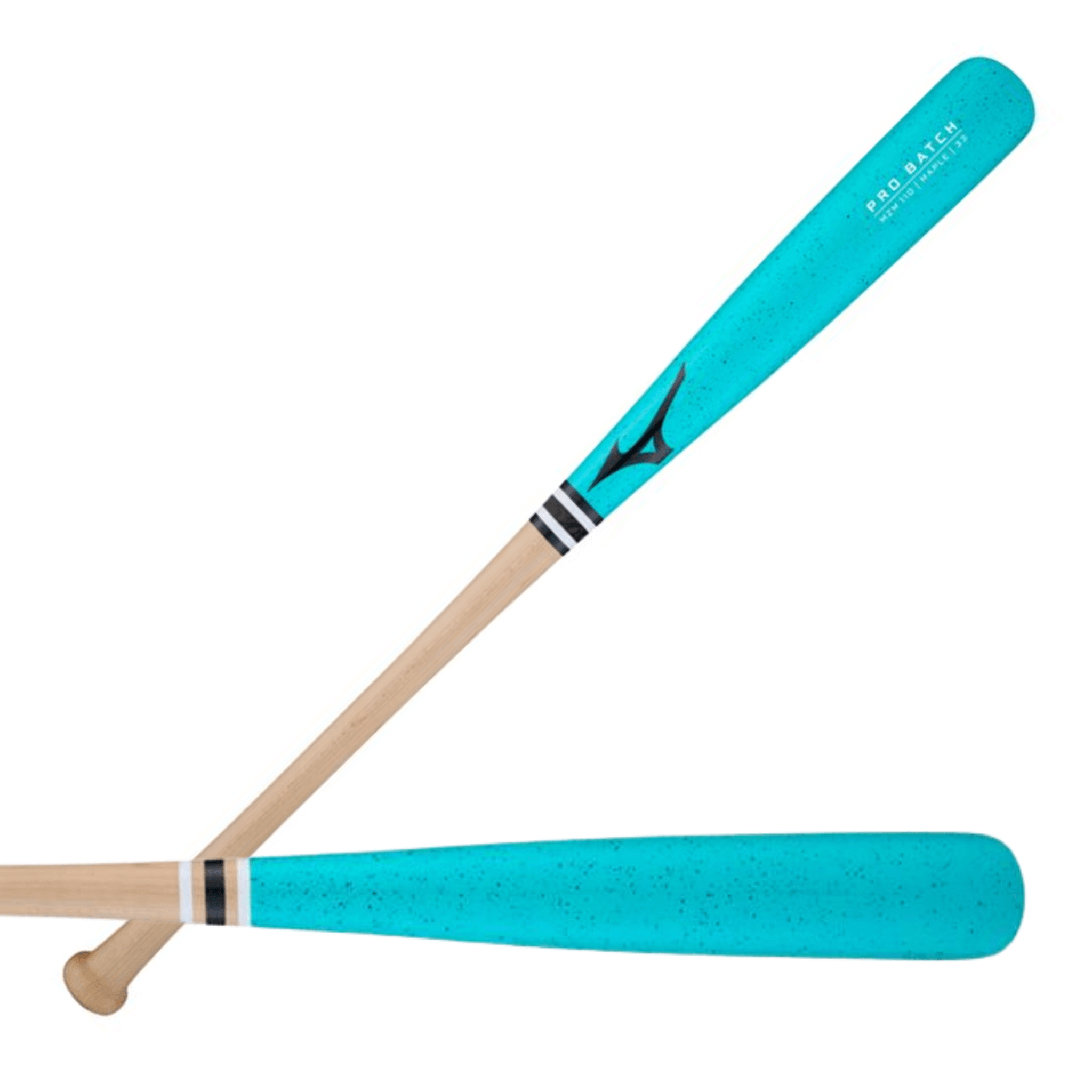 Mizuno Pro MZM 110 Teal Green Maple wood baseball bat front and back view with high-gloss finish and cupped end design