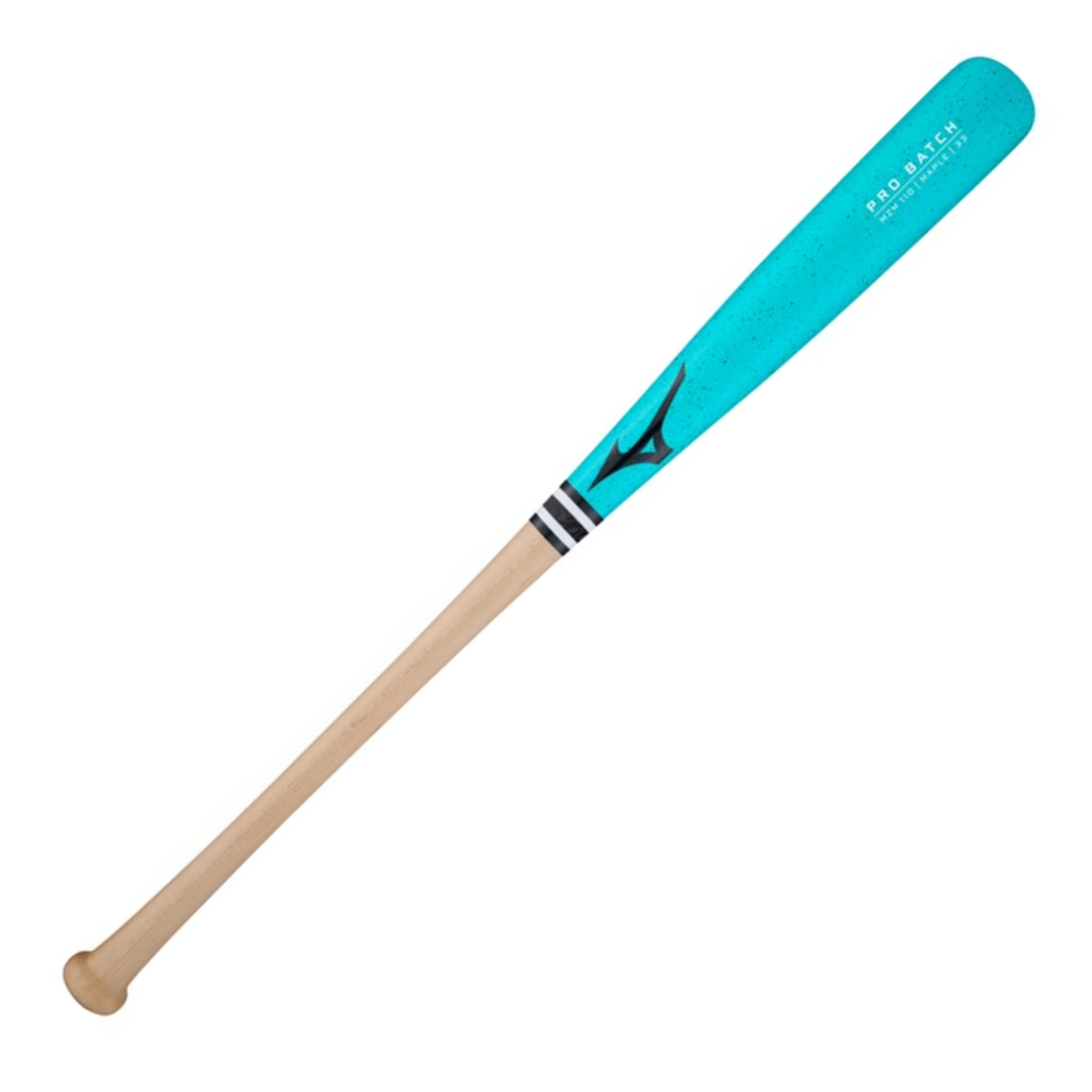 Mizuno Pro MZM 110 Teal Green Maple wood bat front barrel view showing compressed surface and professional-grade grain pattern
