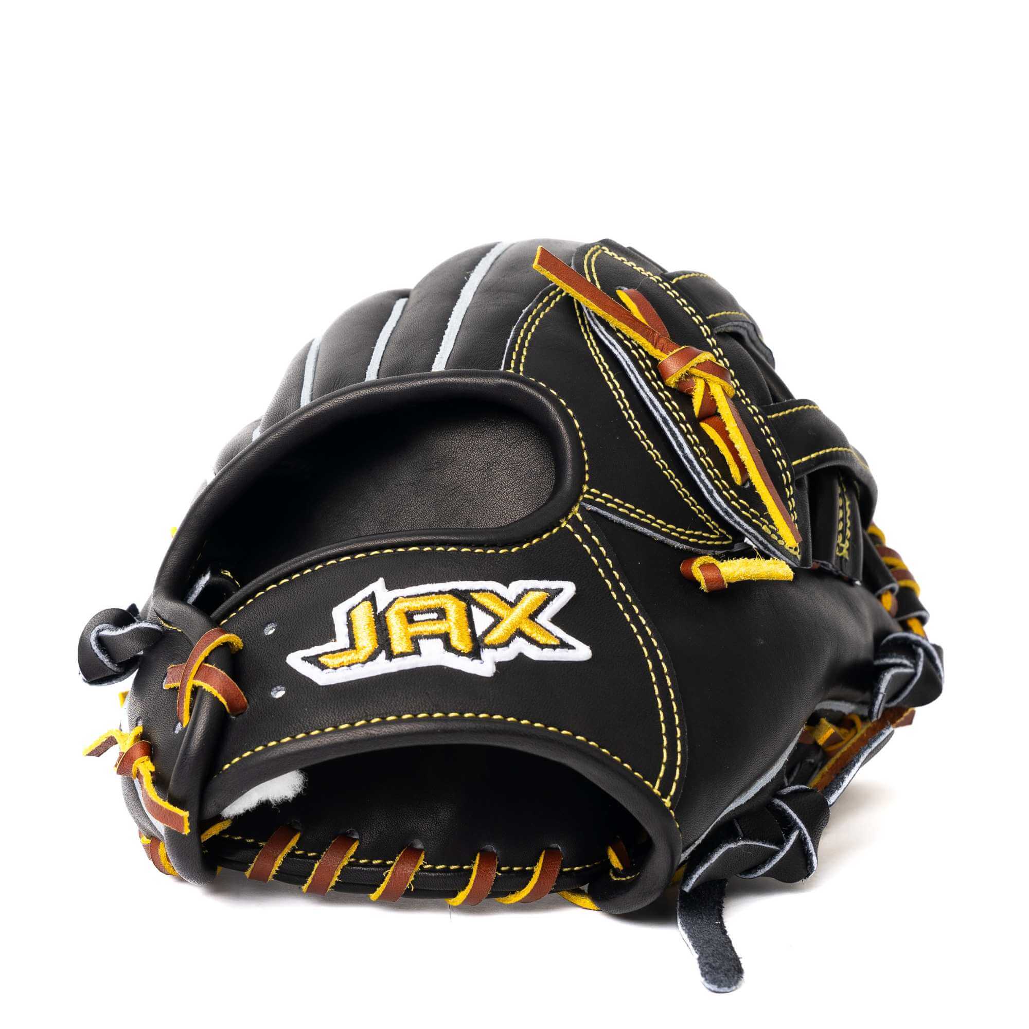 Back view focusing on wrist and logo of Jax EN-7 Fielding Glove Black H Web 11.5-inch."