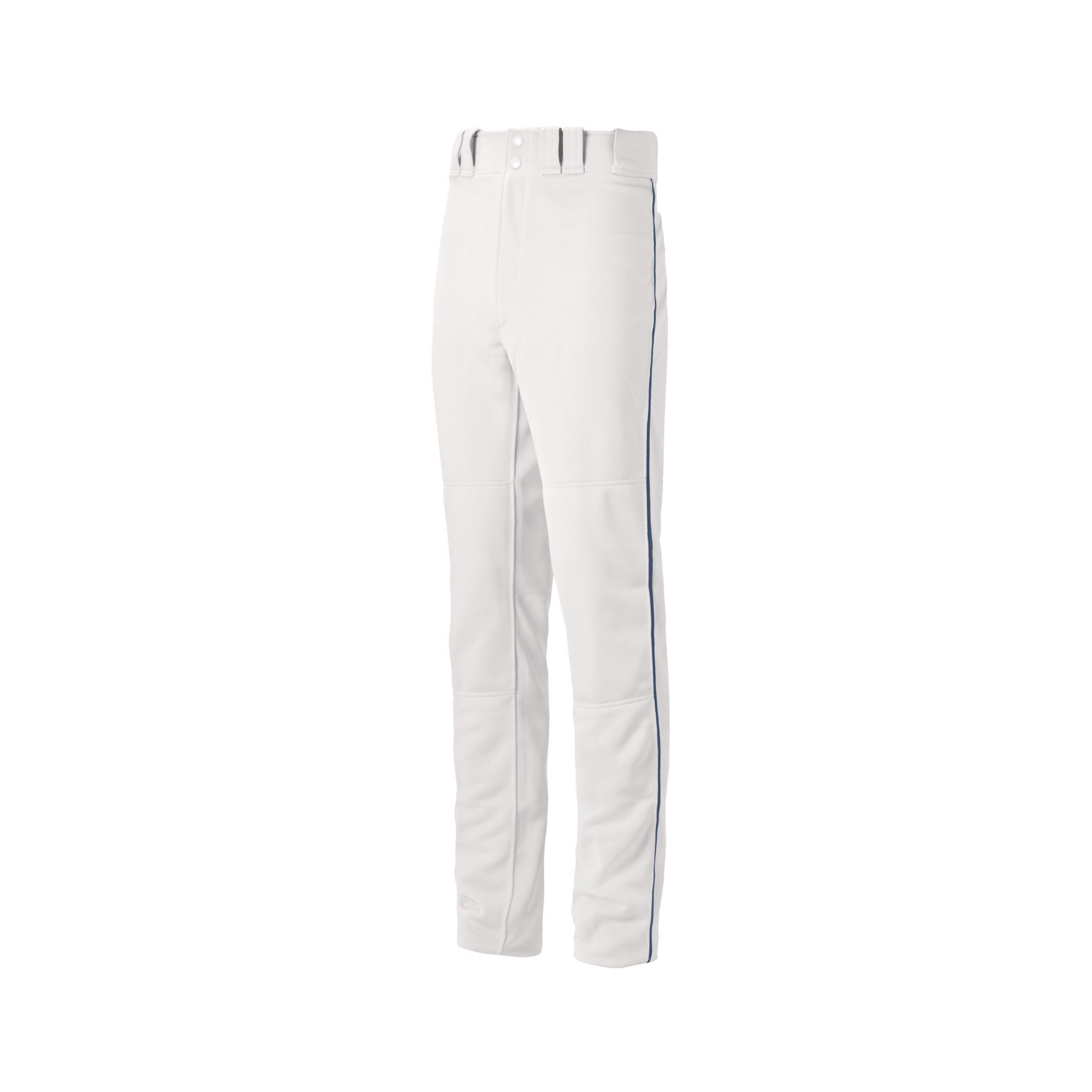 Mizuno Youth Premier Pro Piped Baseball Pant G2 Piped front view showing white fabric and blue piping detail.