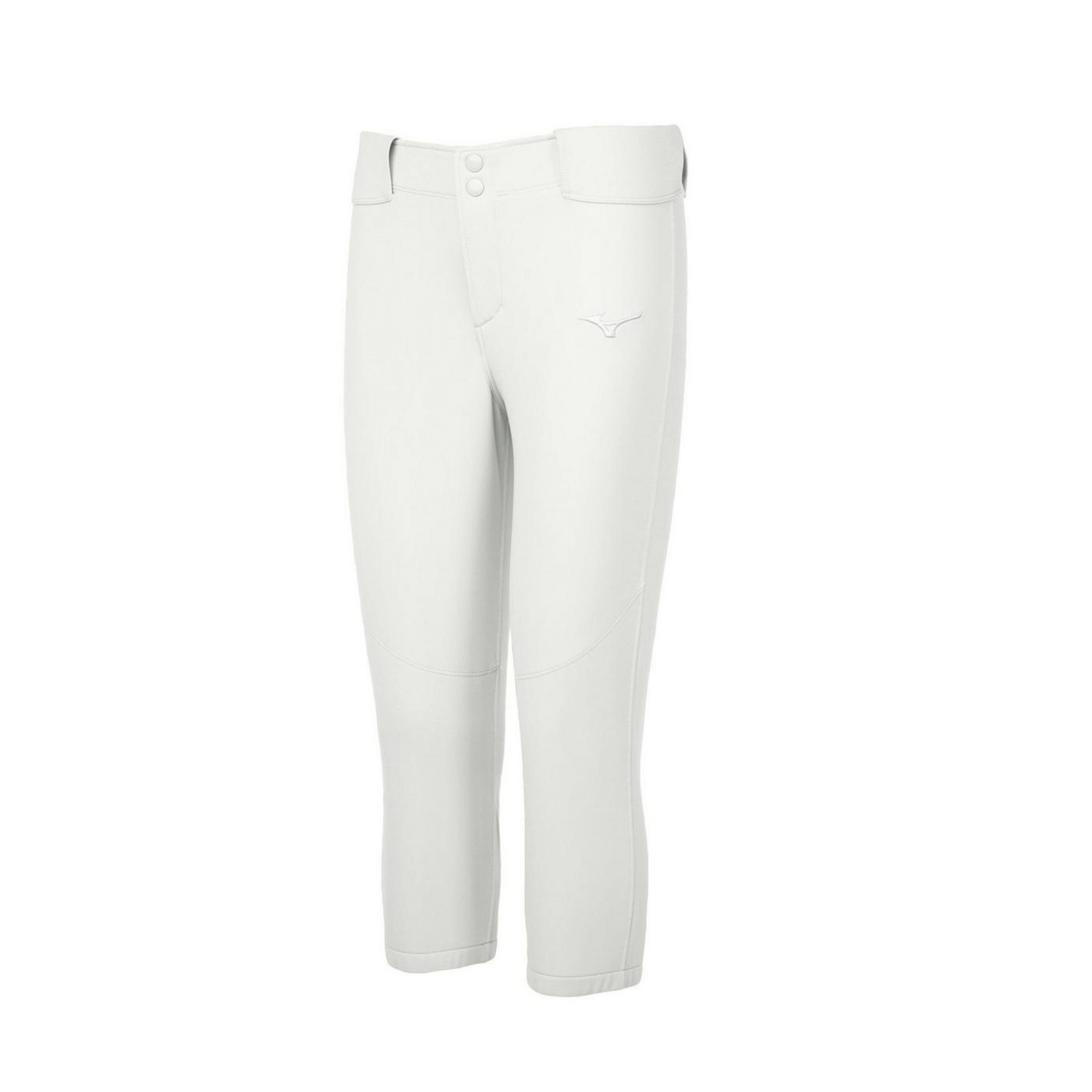 Women's belted stretch softball pant in white, featuring 4-way stretch fabric and reinforced dual-layer knees.