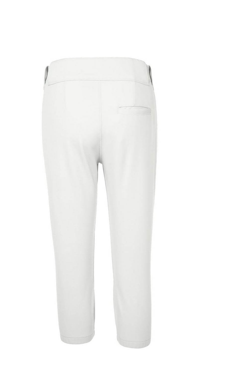 Mizuno Youth Girl's Belted Stretch Softball Pant back view showcasing 4-way stretch fabric and reinforced knee construction.