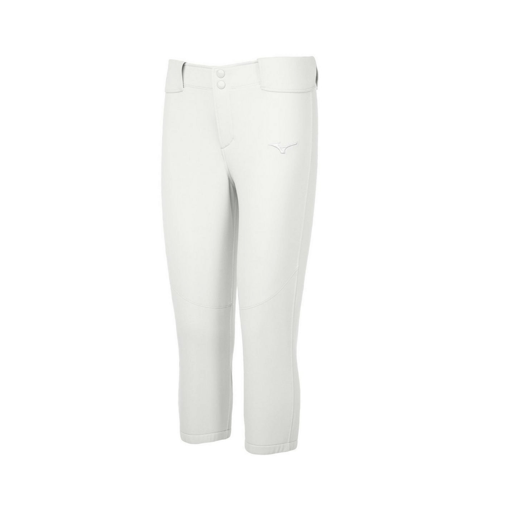 Mizuno Youth Girl's Belted Stretch Softball Pant in white, featuring 4-way stretch fabric and dual-layer knee construction.