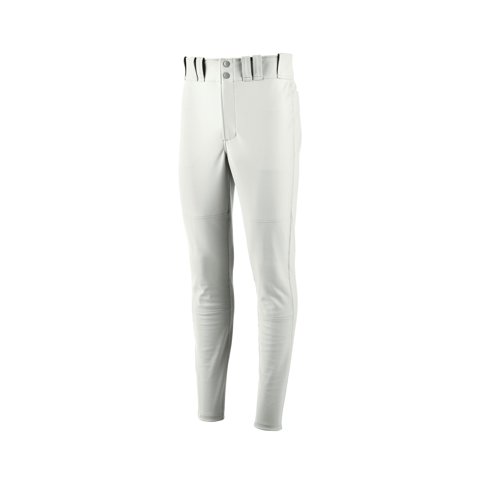 Front view of Mizuno Youth Premier Pro Tapered Baseball Pant in white, featuring tapered leg design and high-performance polyester-spandex blend.