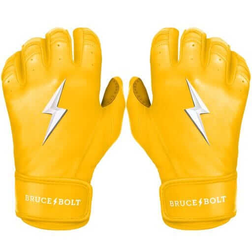 BRUCE BOLT Premium Pro Short Cuff Batting Gloves in vibrant yellow with silver lightning logo, handcrafted for durability.