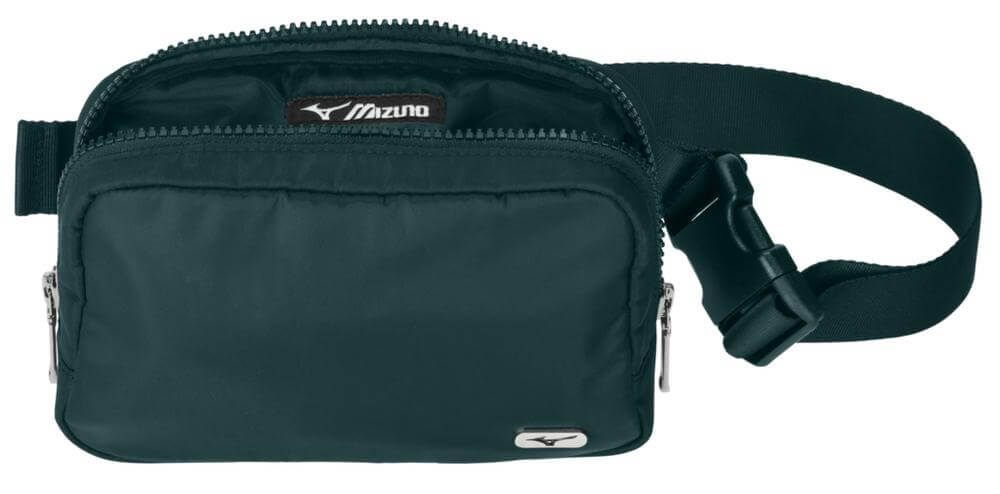 Mizuno Runbird belt bag in Ponderosa Pine, perfect for carrying essentials during travel or outdoor activities.