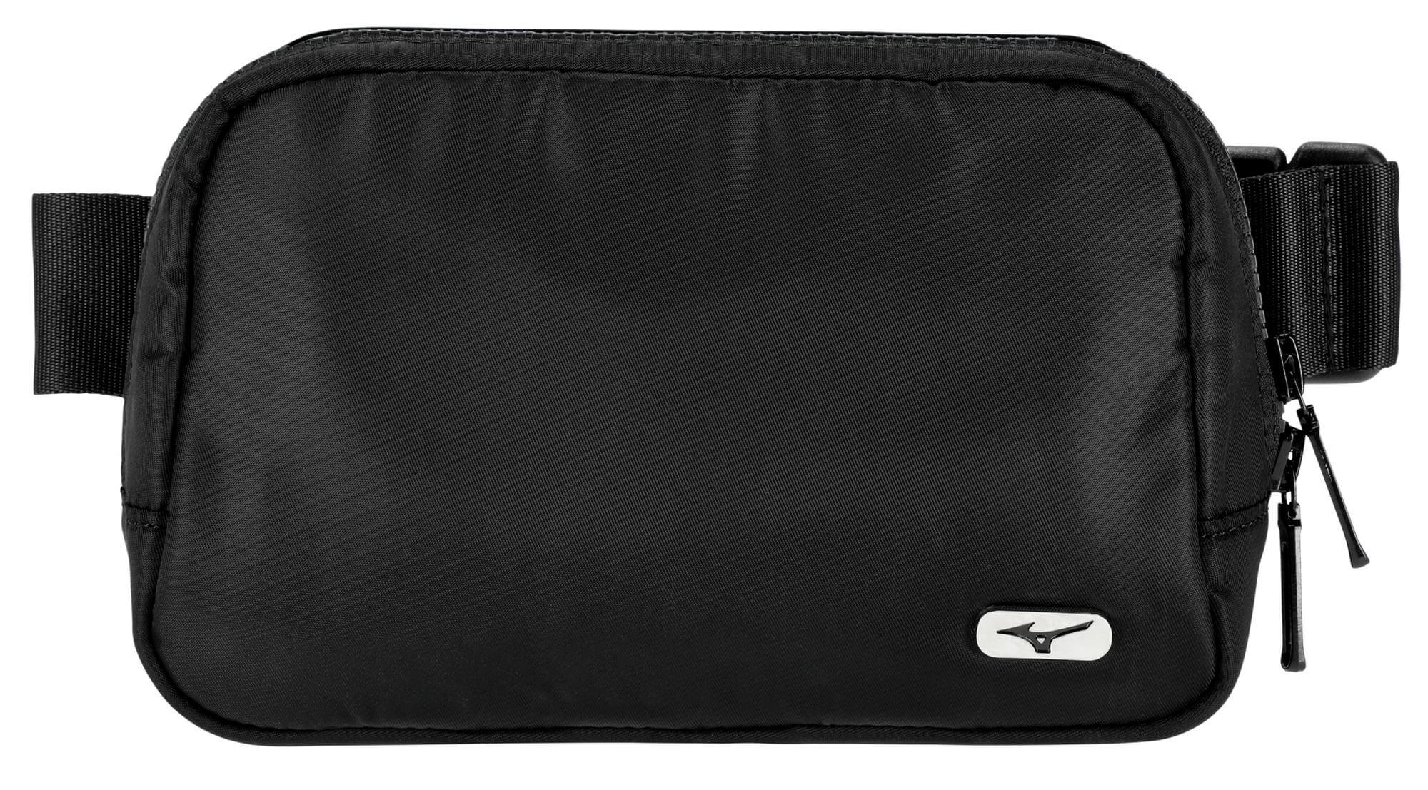 Front view of black Mizuno Runbird Belt Bag with logo on bottom right corner.