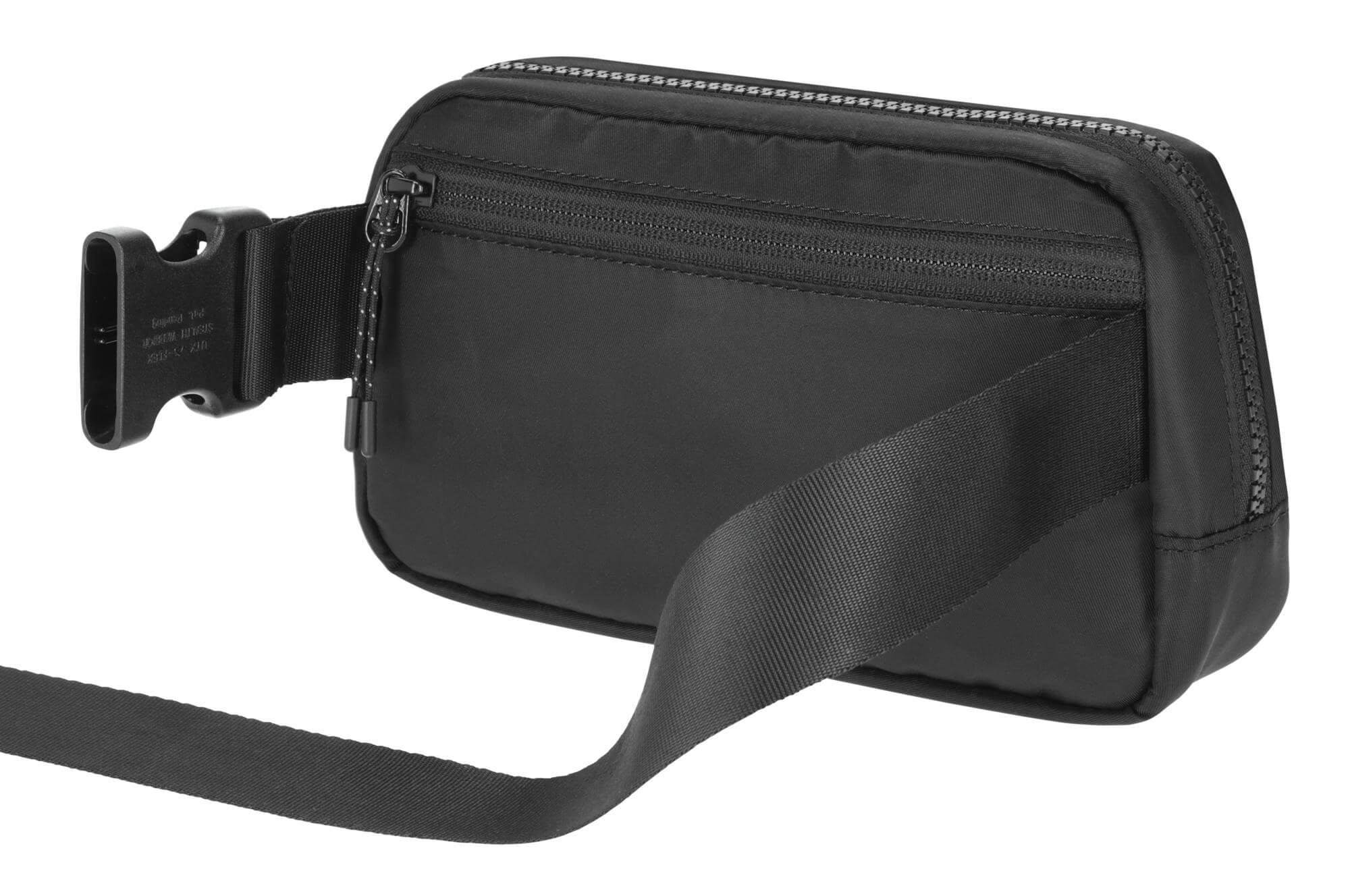 Back view of Mizuno Runbird Belt Bag in black showing adjustable strap and zipper compartment.