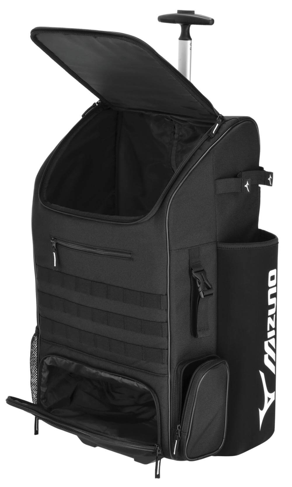 Mizuno Pro Wheel Batpack in black, featuring spacious compartments for bats, cleats, and gear with wheels for easy transport.
