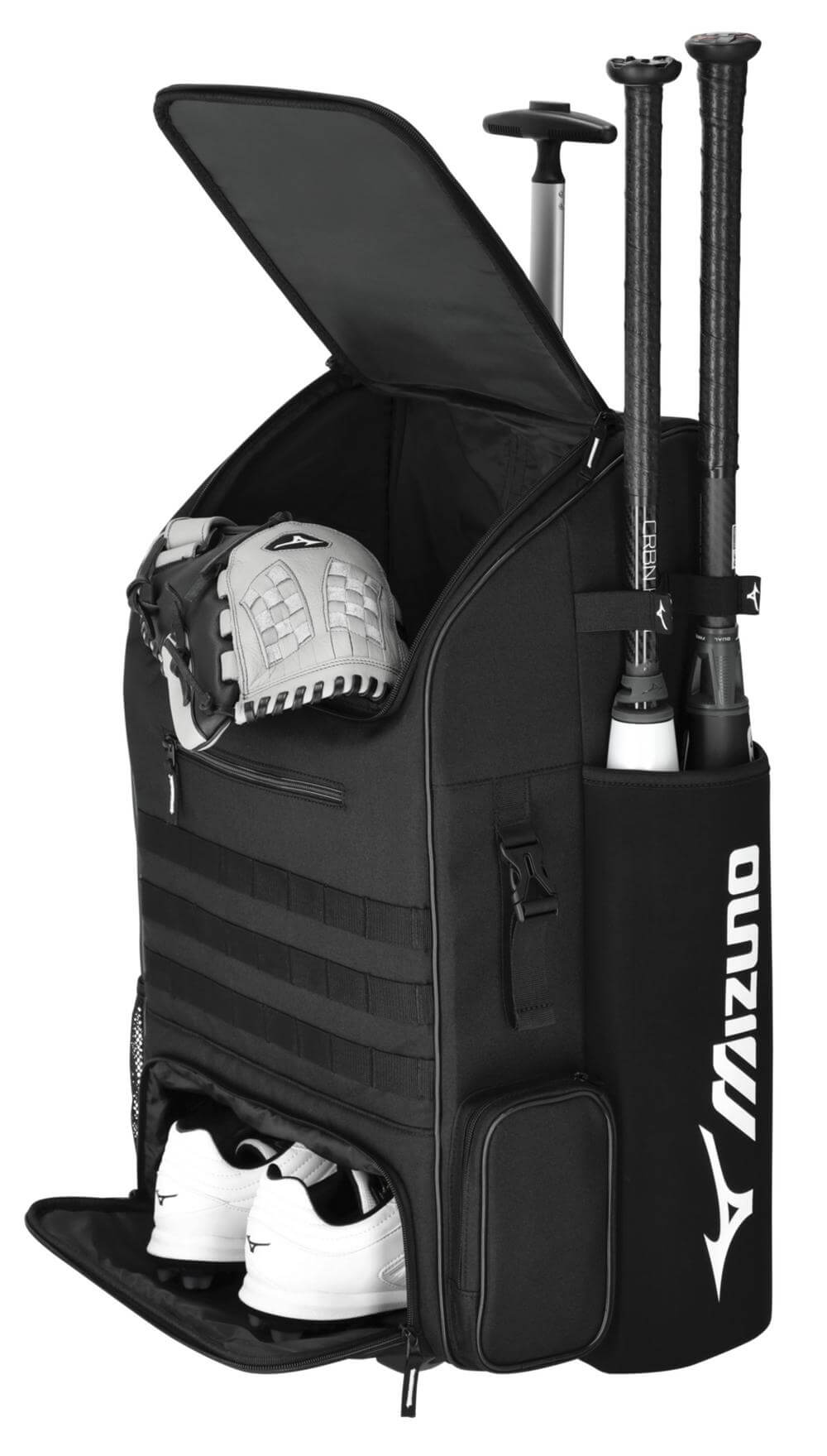 Mizuno Pro Wheel Batpack in black, featuring storage for bats, cleats, and valuables, with wheels and a telescopic handle.