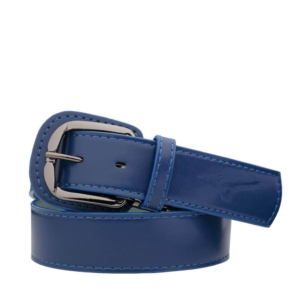 Mizuno Classic Youth Baseball Belt in blue with polished metal buckle and tonal stitched edges. Ideal for players seeking quality and fit.