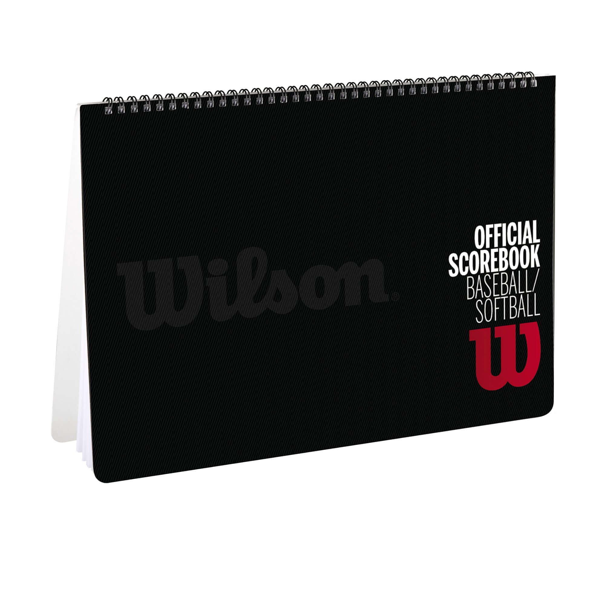 Wilson Baseball & Softball Scorebook in landscape format with official logo and spiral binding for easy scorekeeping.