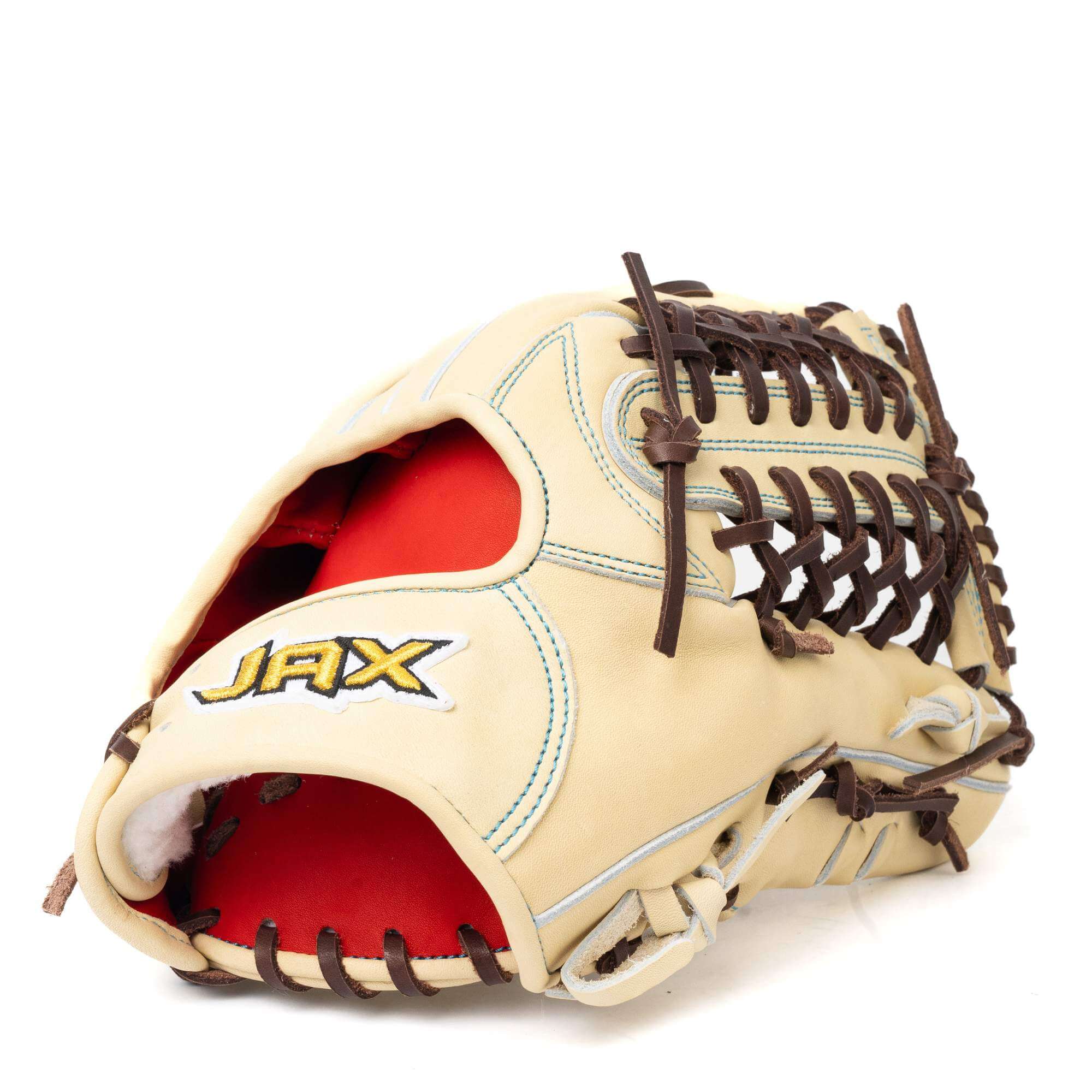 Side view focusing on the thumb and trapeze web of Jax LJ-10 Outfield Glove Blonde 12.5-inch