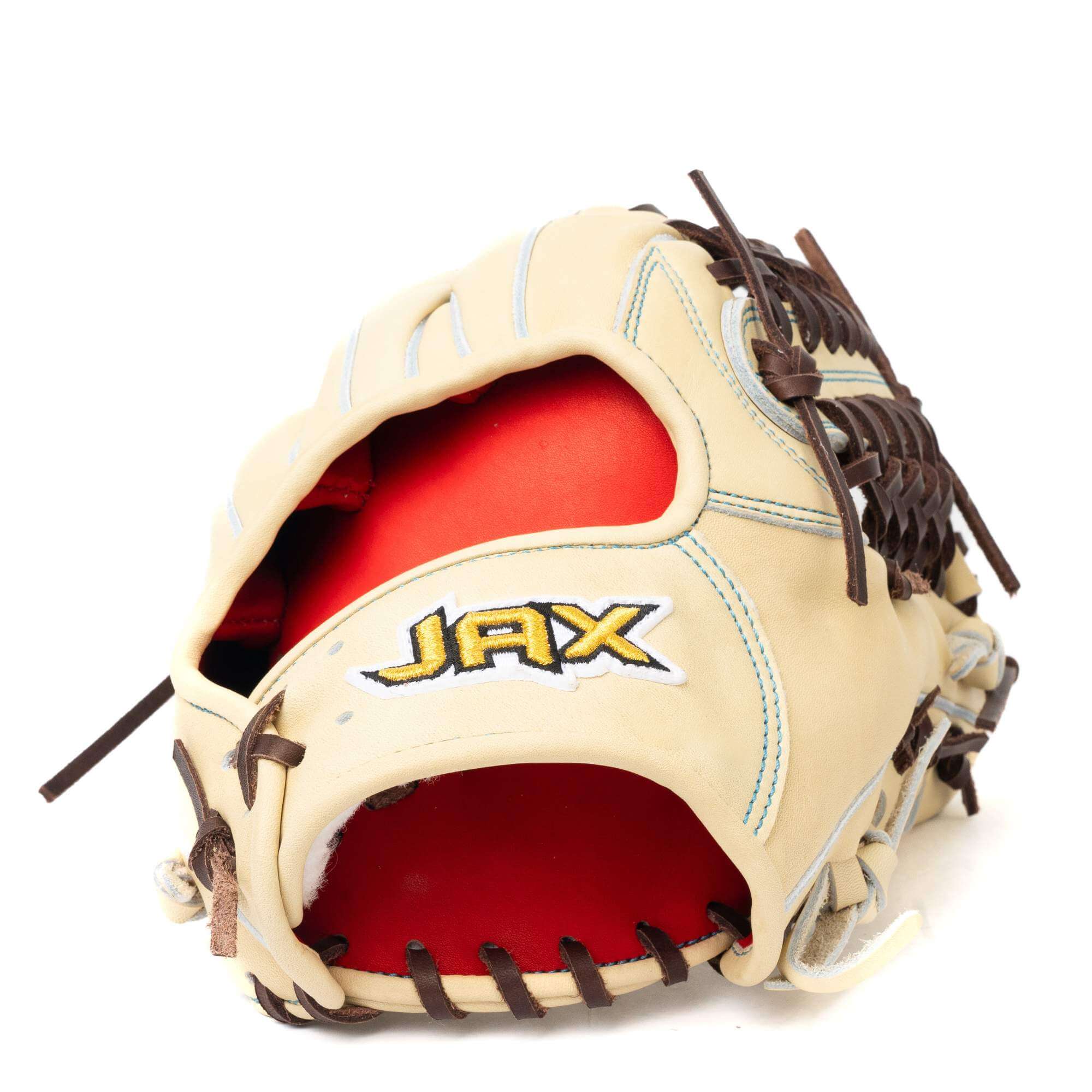 Backhand view highlighting the logo and wrist area of Jax LJ-10 Outfield Glove Blonde 12.5-inch."