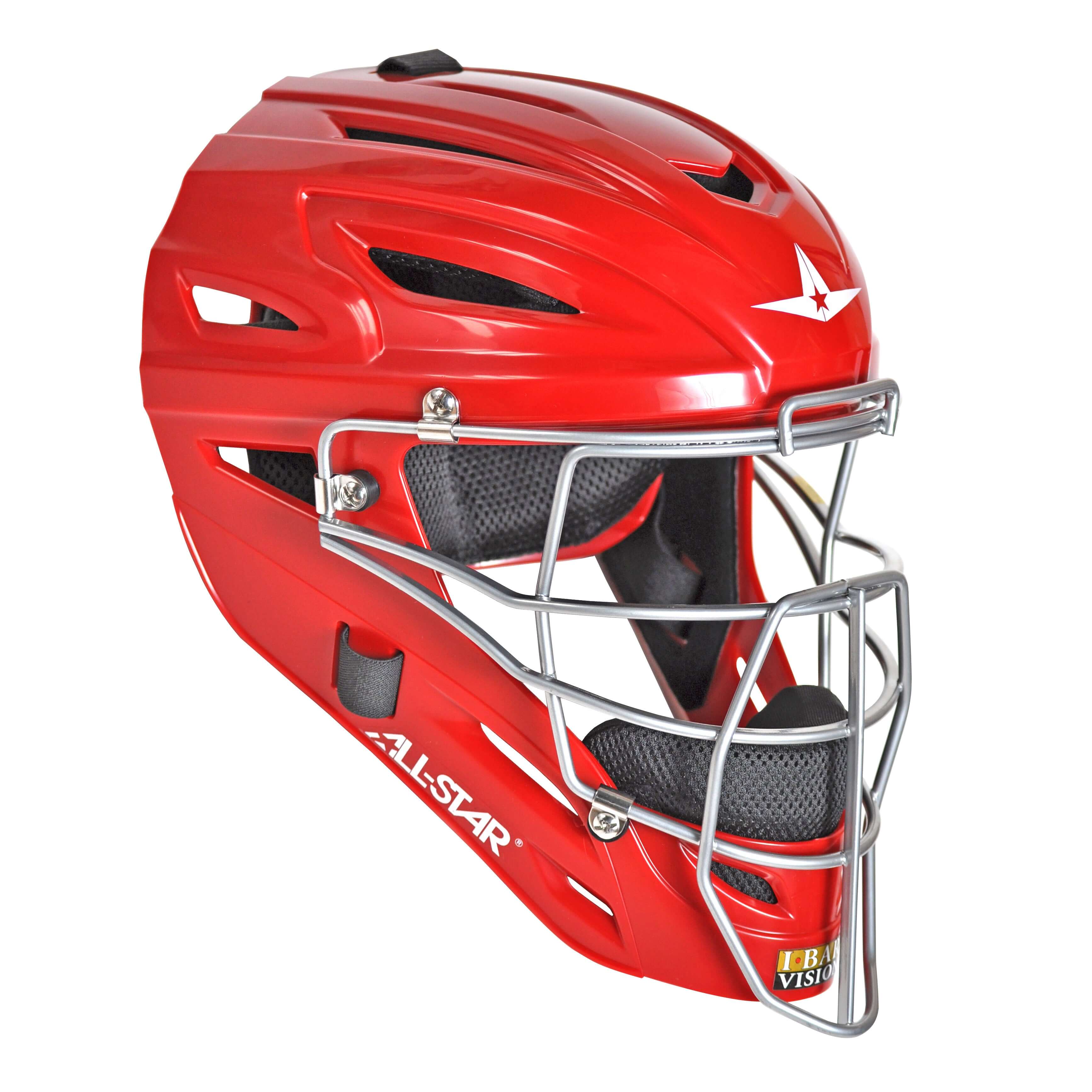 All-Star MVP System7 catcher's helmet in solid gloss red, designed for maximum vision and protection, SEI certified.
