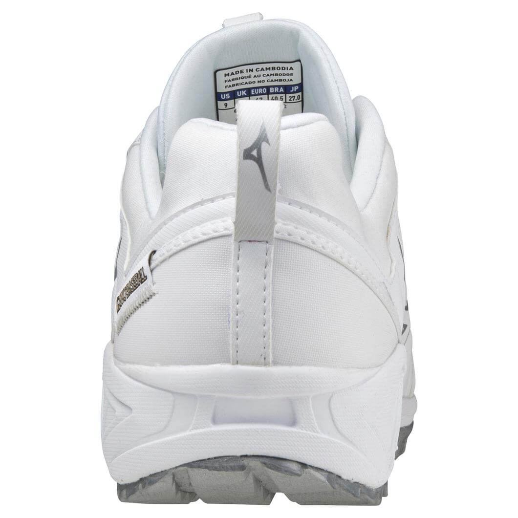 Mizuno Ambition 2 White men's turf shoe rear view showcasing design and cushioning features.