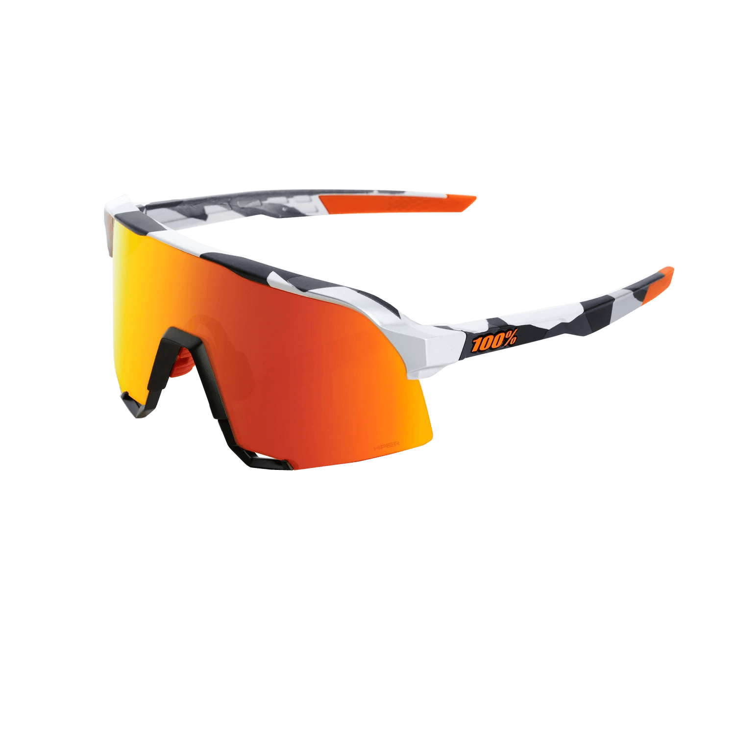 100% S3 Soft Tact Grey Camo sunglasses with Hiper Red multilayer mirror lens for optimal visibility and UV protection.