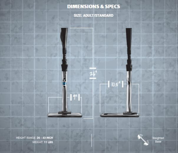 Tanner Pro batting tee dimensions and specs, height range 26-43 inches, weight 11 lbs, featuring a weighted base.